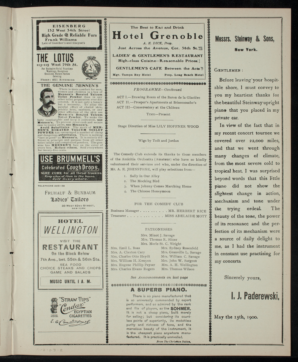 Lenox Comedy Club Benefit Performance for Day Home and School for Crippled Children, January 12, 1903, program page 3