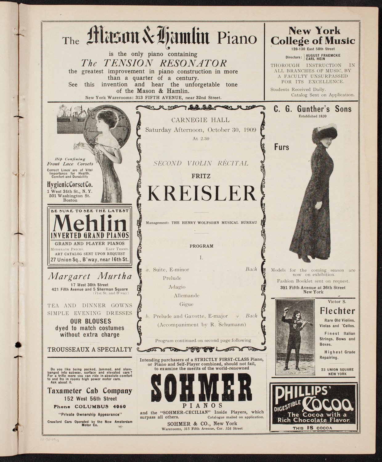 Fritz Kreisler, Violin, October 30, 1909, program page 5