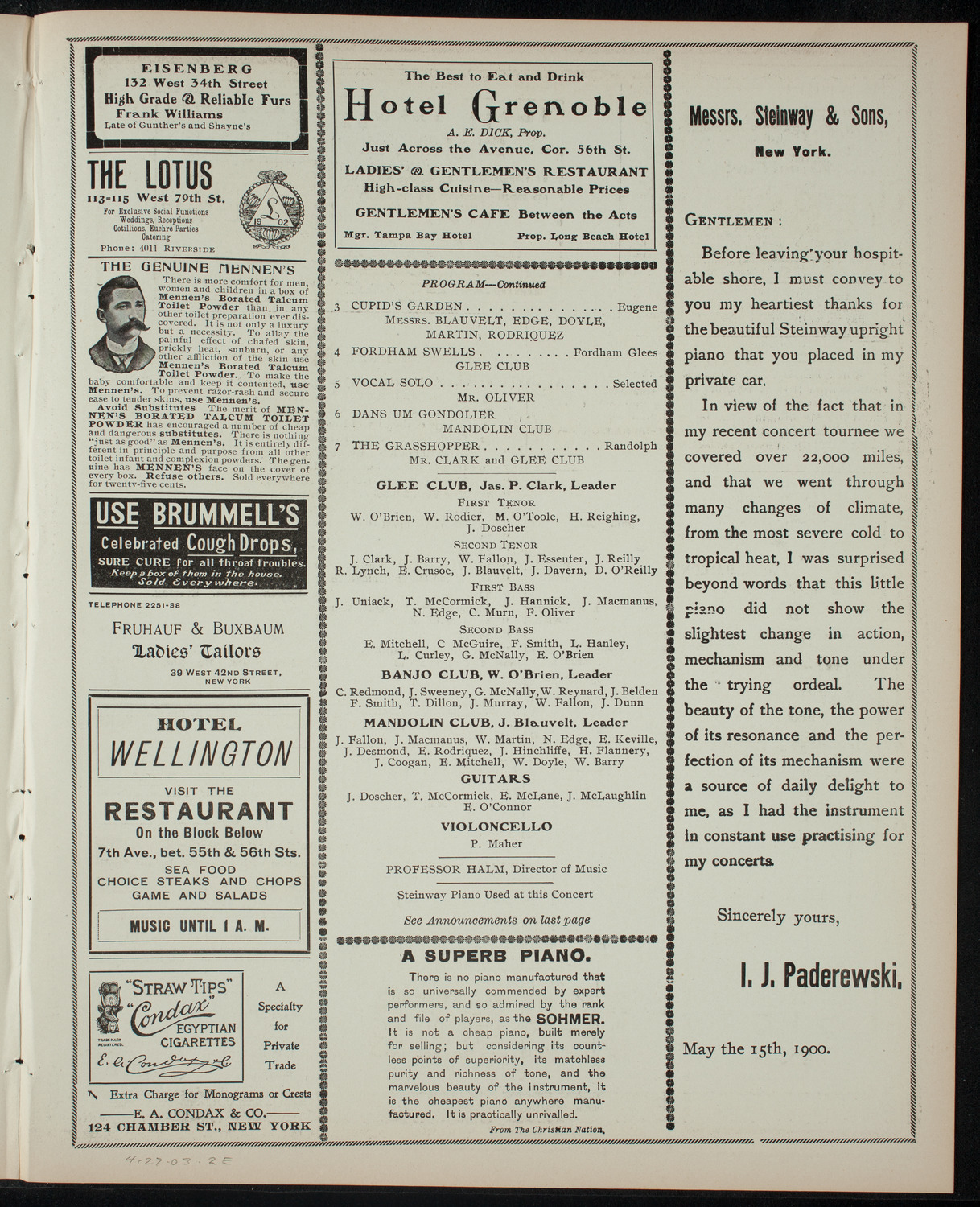 Fordham College Glee, Banjo and Mandolin Clubs, April 27, 1903, program page 3
