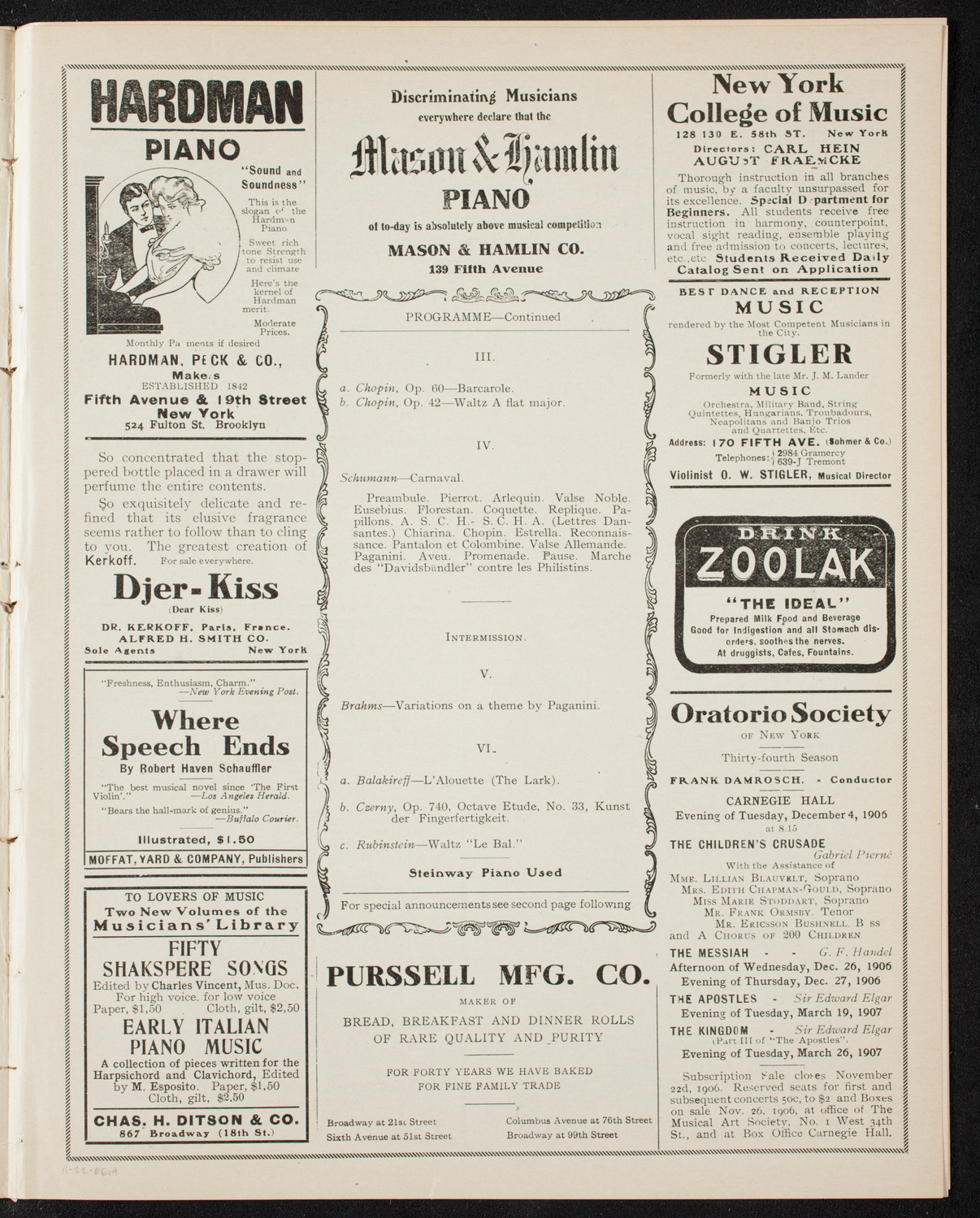Josef Lhévinne, Piano, November 22, 1906, program page 7