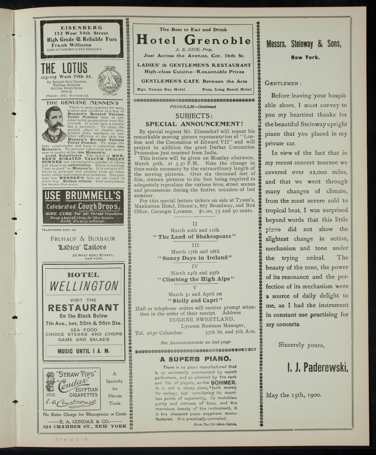 Elmendorf Lecture: The Land of Shakespeare, March 10, 1903, program page 3