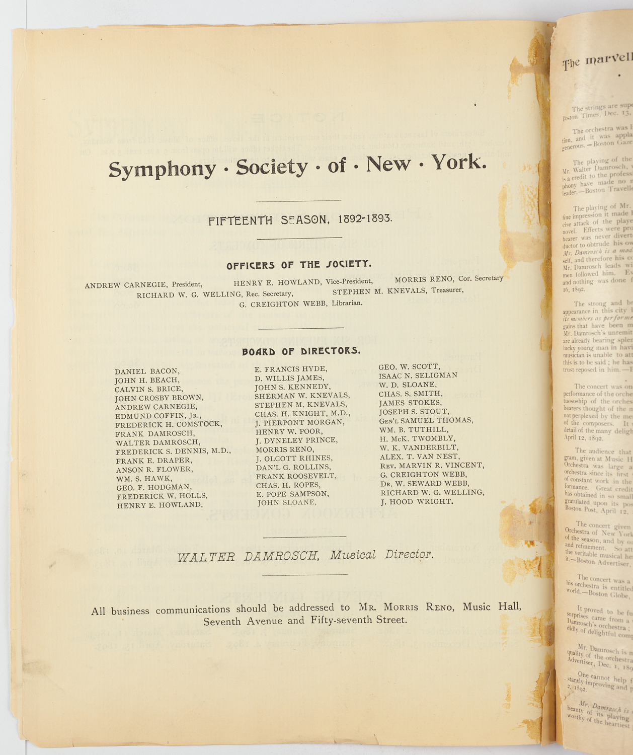 New York Symphony Orchestra, 1892-1893
