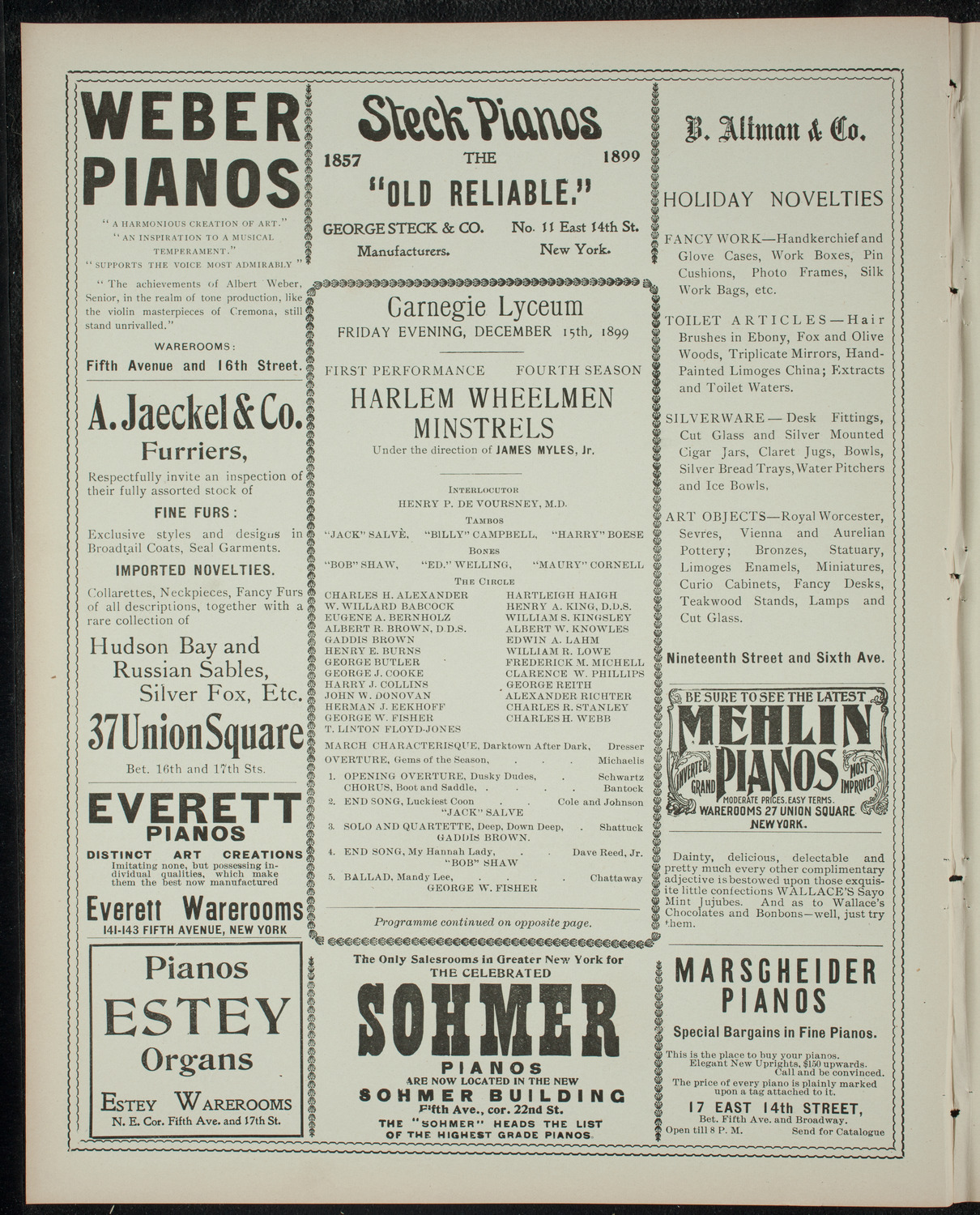 Harlem Wheelmen Minstrels, December 15, 1899, program page 2