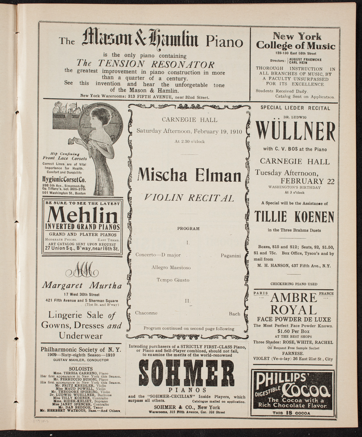 Mischa Elman, Violin, February 19, 1910, program page 5