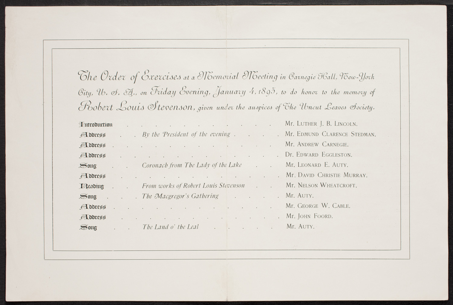 Memorial: Robert Louis Stevenson, January 4, 1895, program page 2