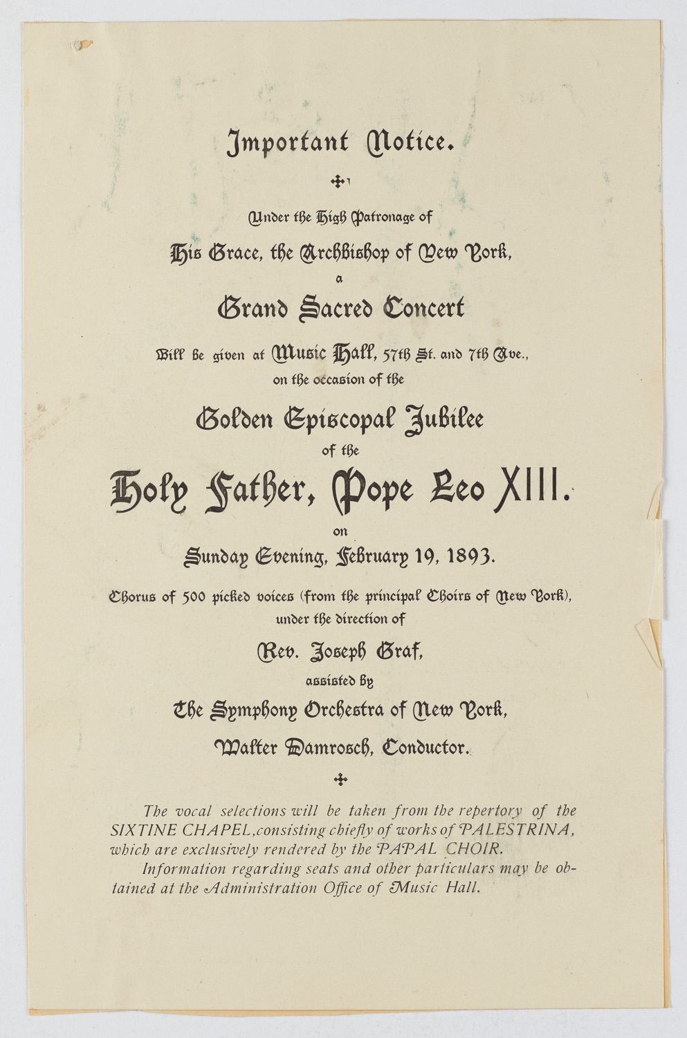 Damrosch Sunday Concert, February 19, 1893