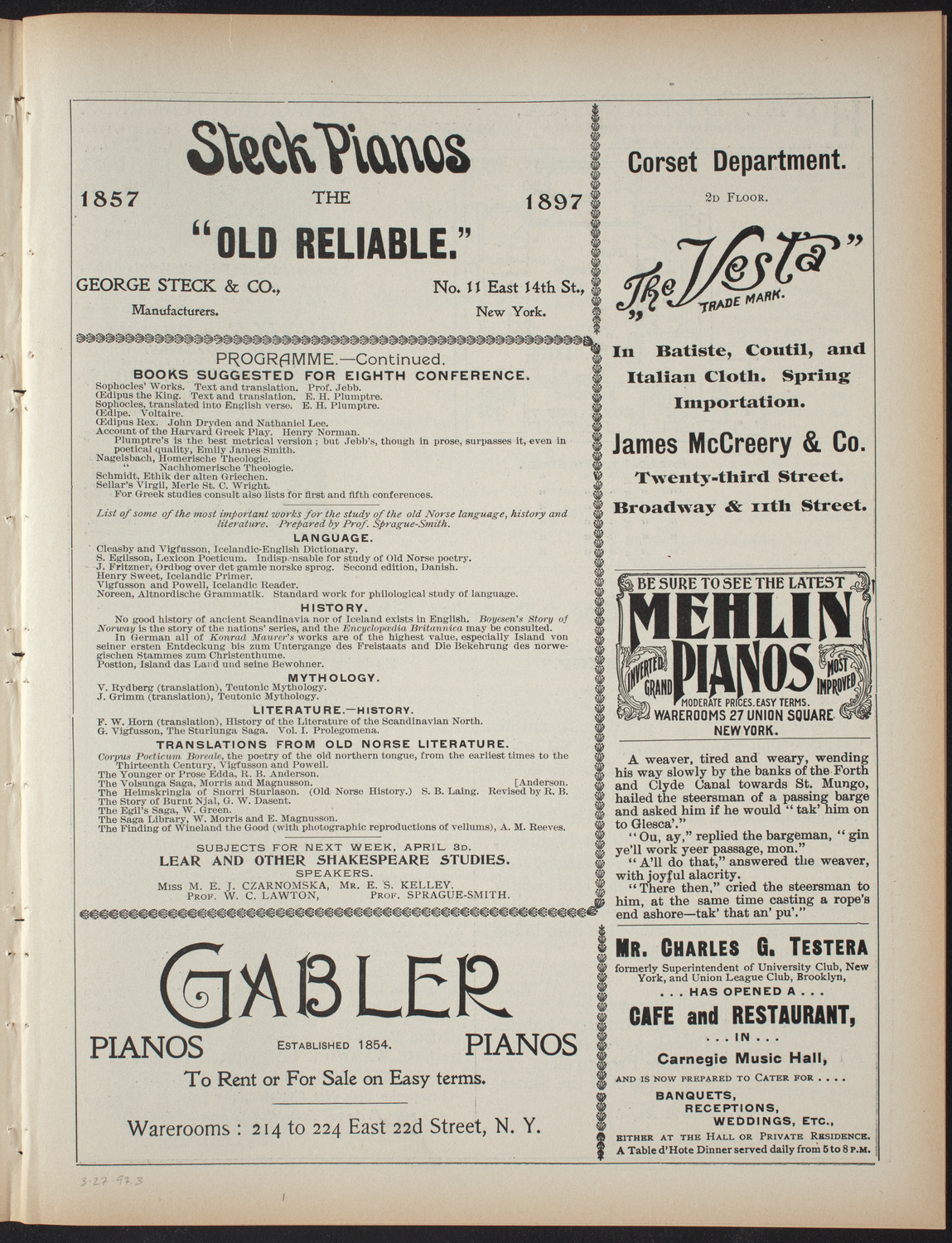 Saturday Morning Conferences on Comparative Literature, March 27, 1897, program page 5