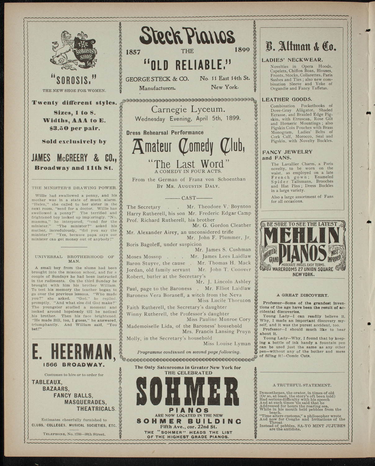 Amateur Comedy Club, April 5, 1899, program page 4