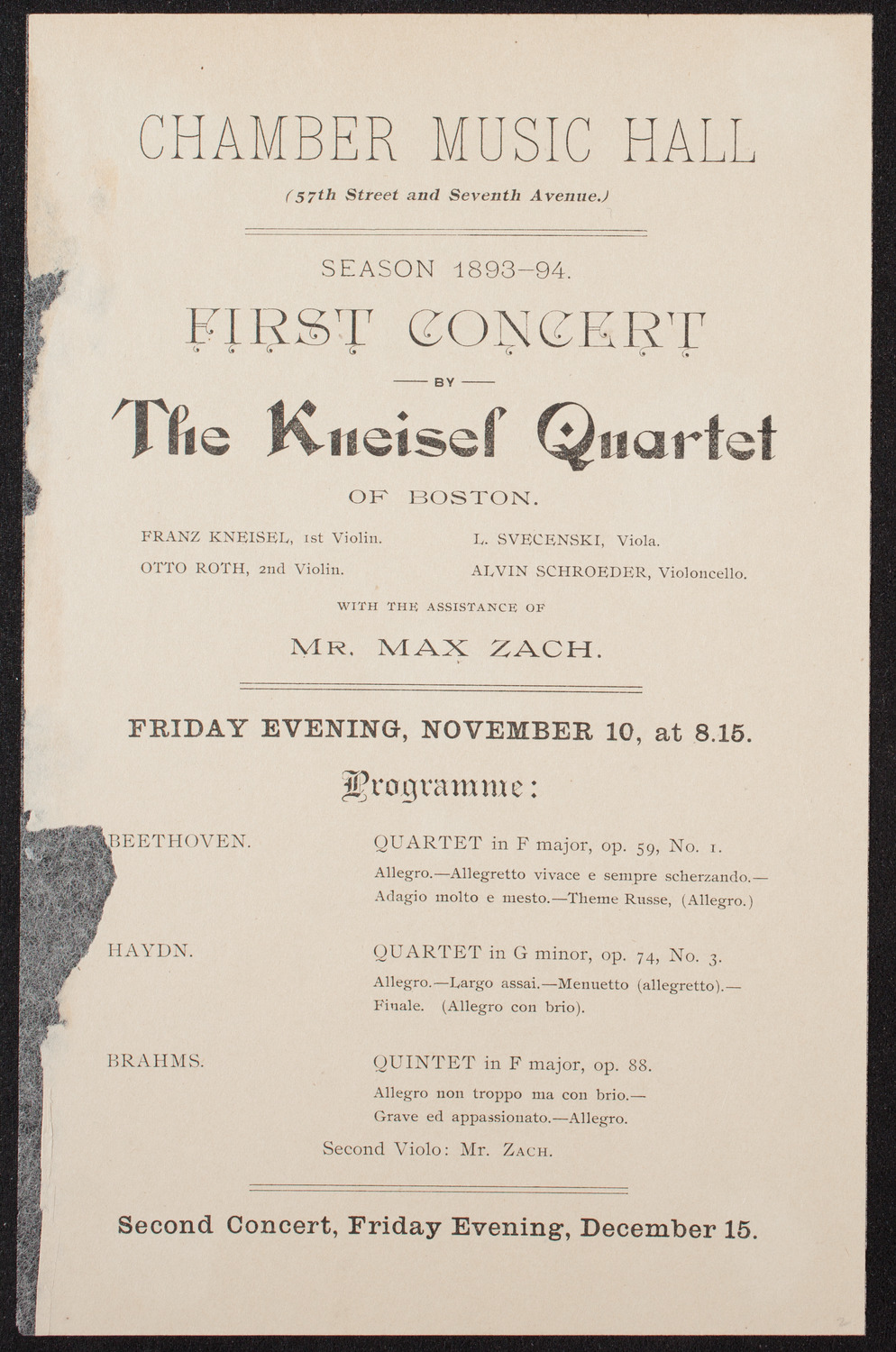 Kneisel Quartet, November 10, 1893, program page 1