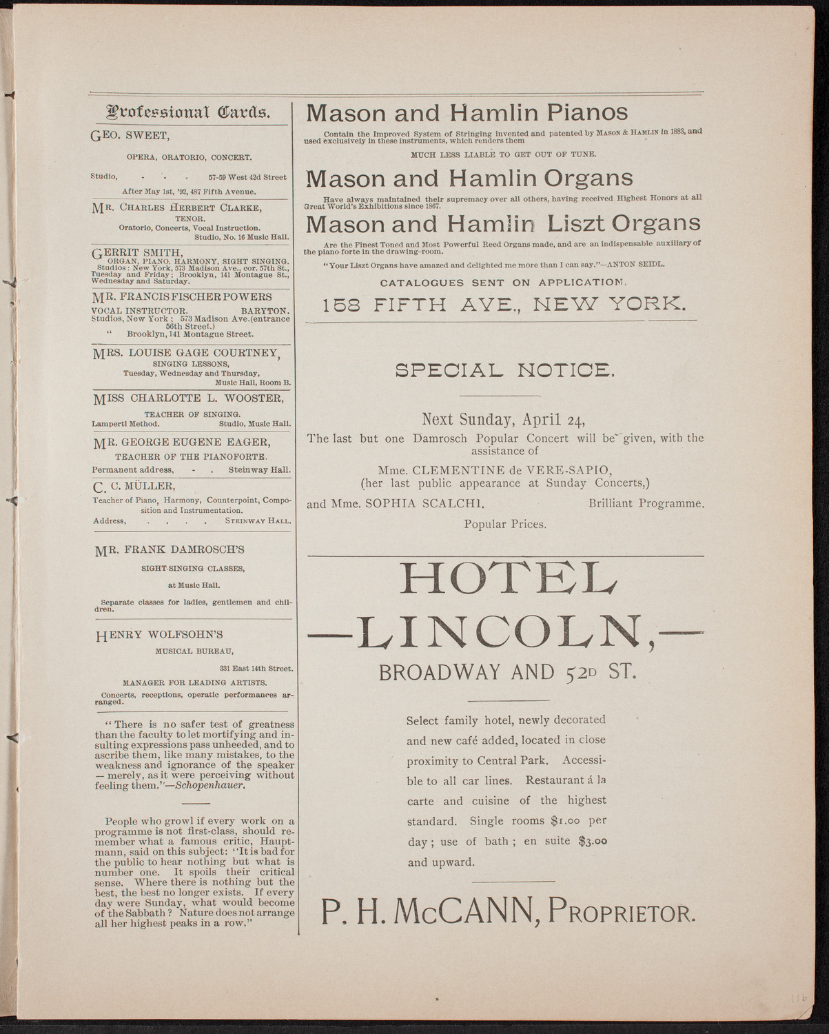 Urania Scientific Theatre, April 23, 1892, program page 5