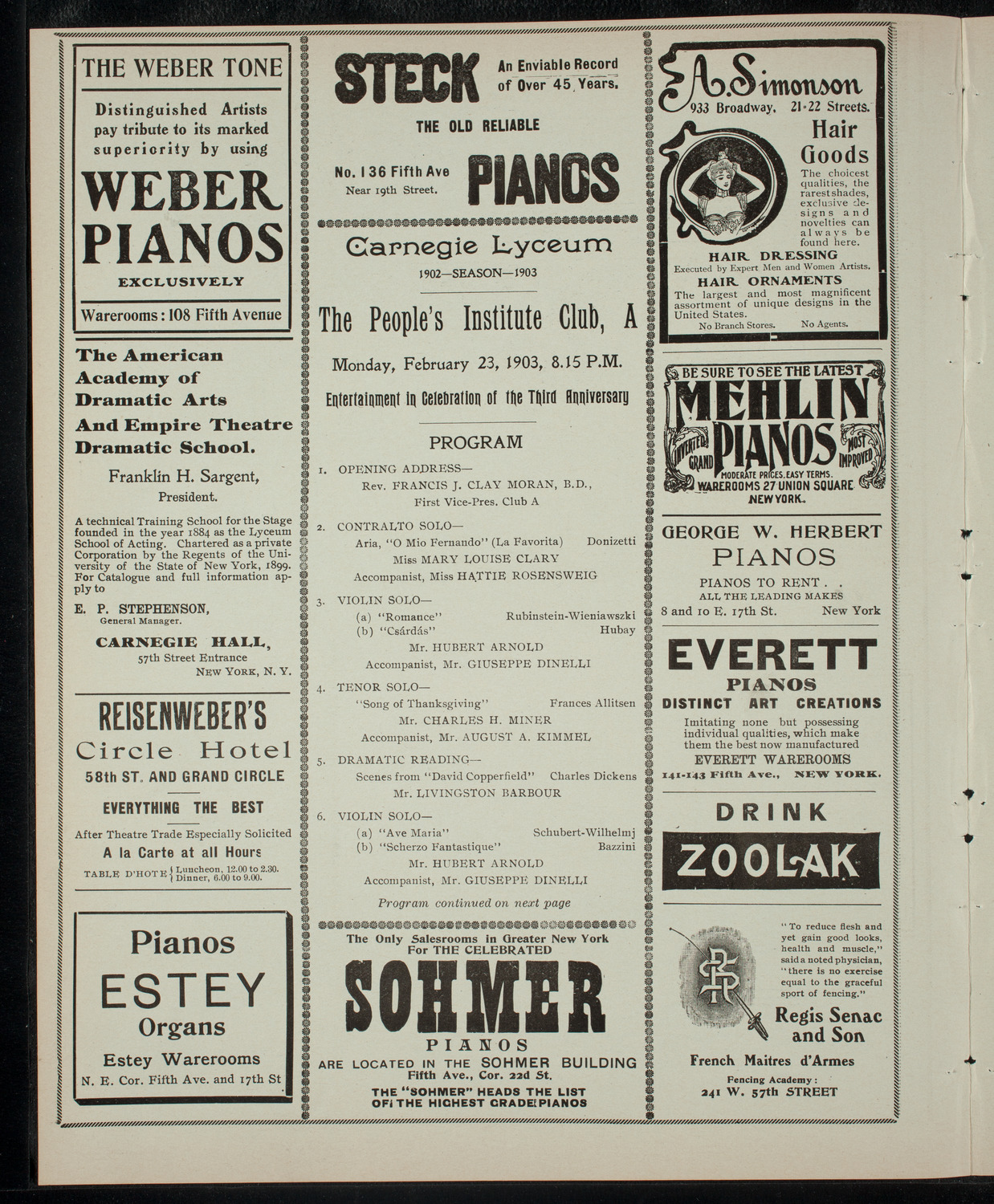 The People's Institute Club, February 23, 1903, program page 2