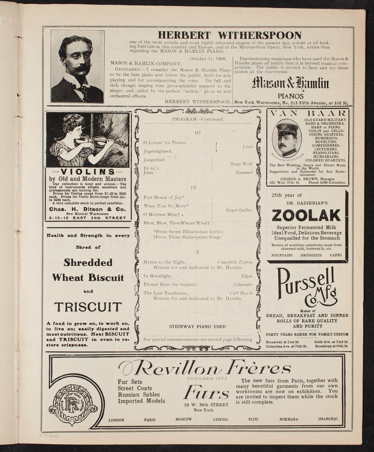 George Hamlin, Tenor, October 17, 1909, program page 7