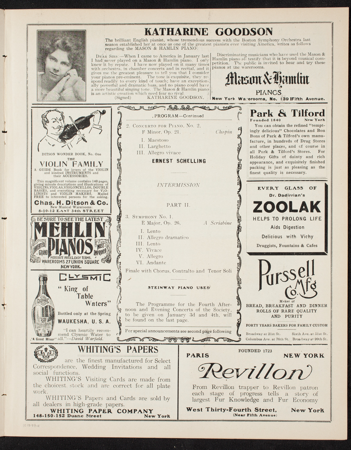 New York Philharmonic, December 13, 1907, program page 7