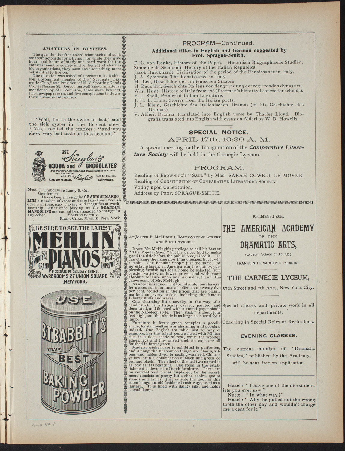 Saturday Morning Conferences on Comparative Literature, April 10, 1897, program page 7