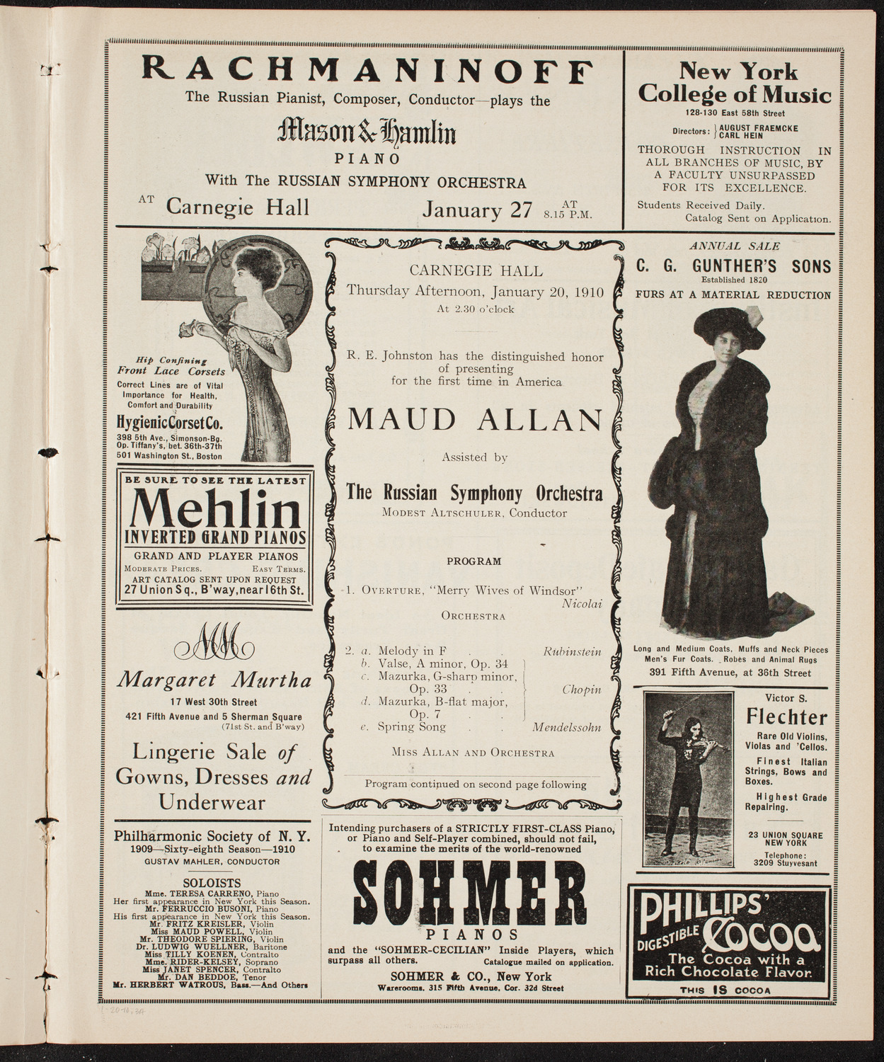 Maud Allan with The Russian Symphony Orchestra, January 20, 1910, program page 5