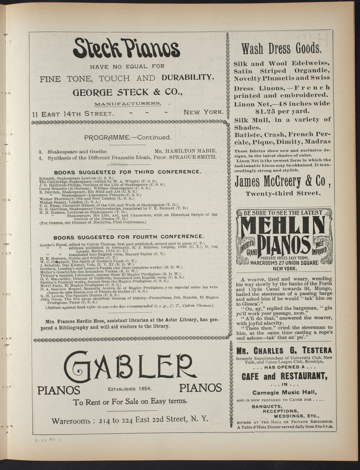 Saturday Morning Conferences on Comparative Literature, February 27, 1897, program page 5