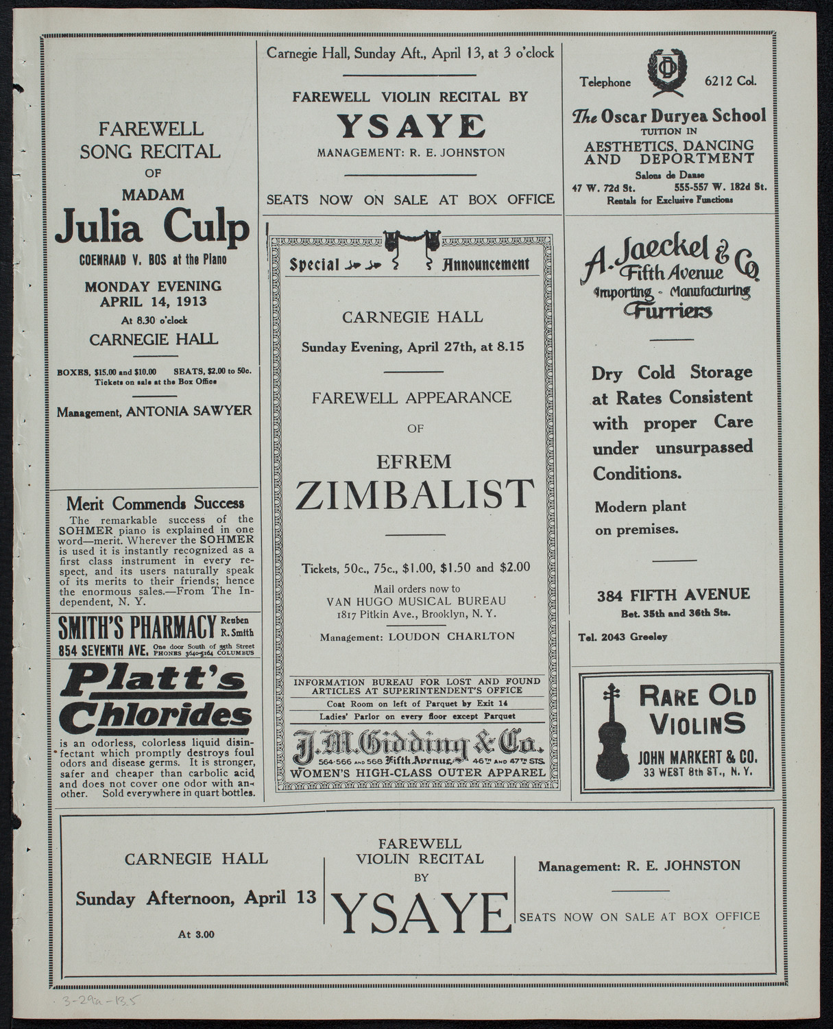 Mischa Elman, Violin, March 29, 1913, program page 9