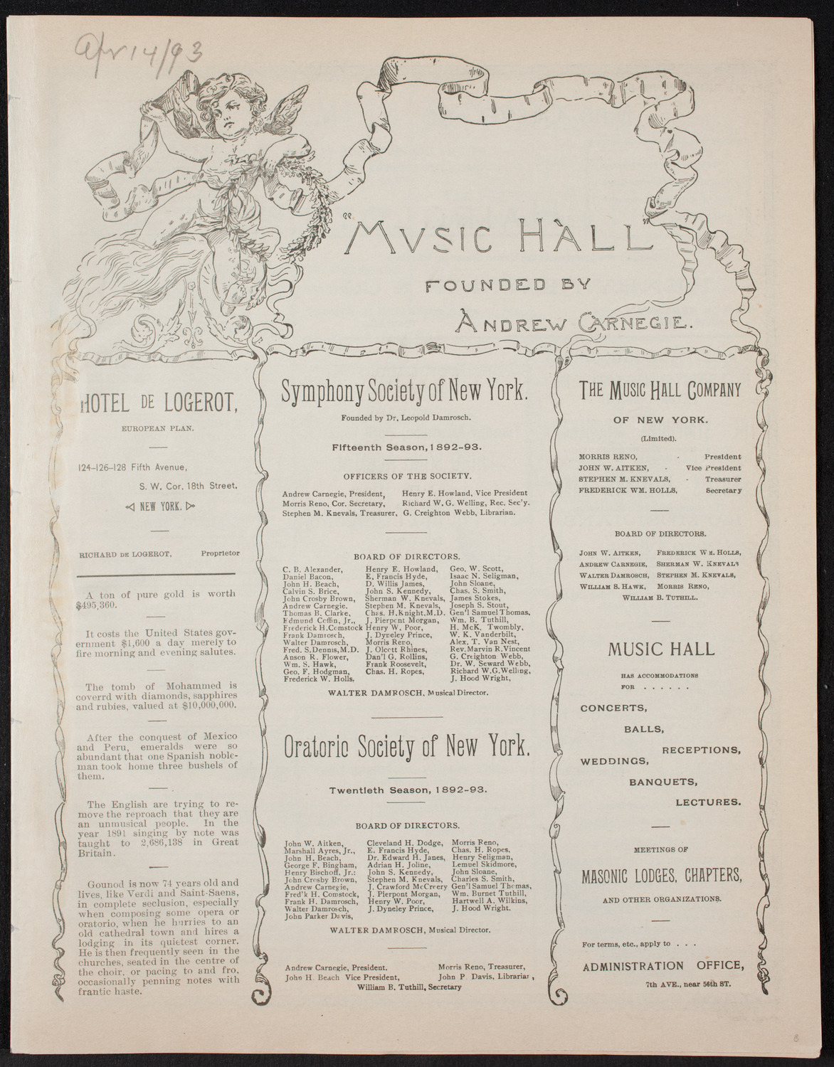 New York Symphony Orchestra, April 14, 1893, program page 1