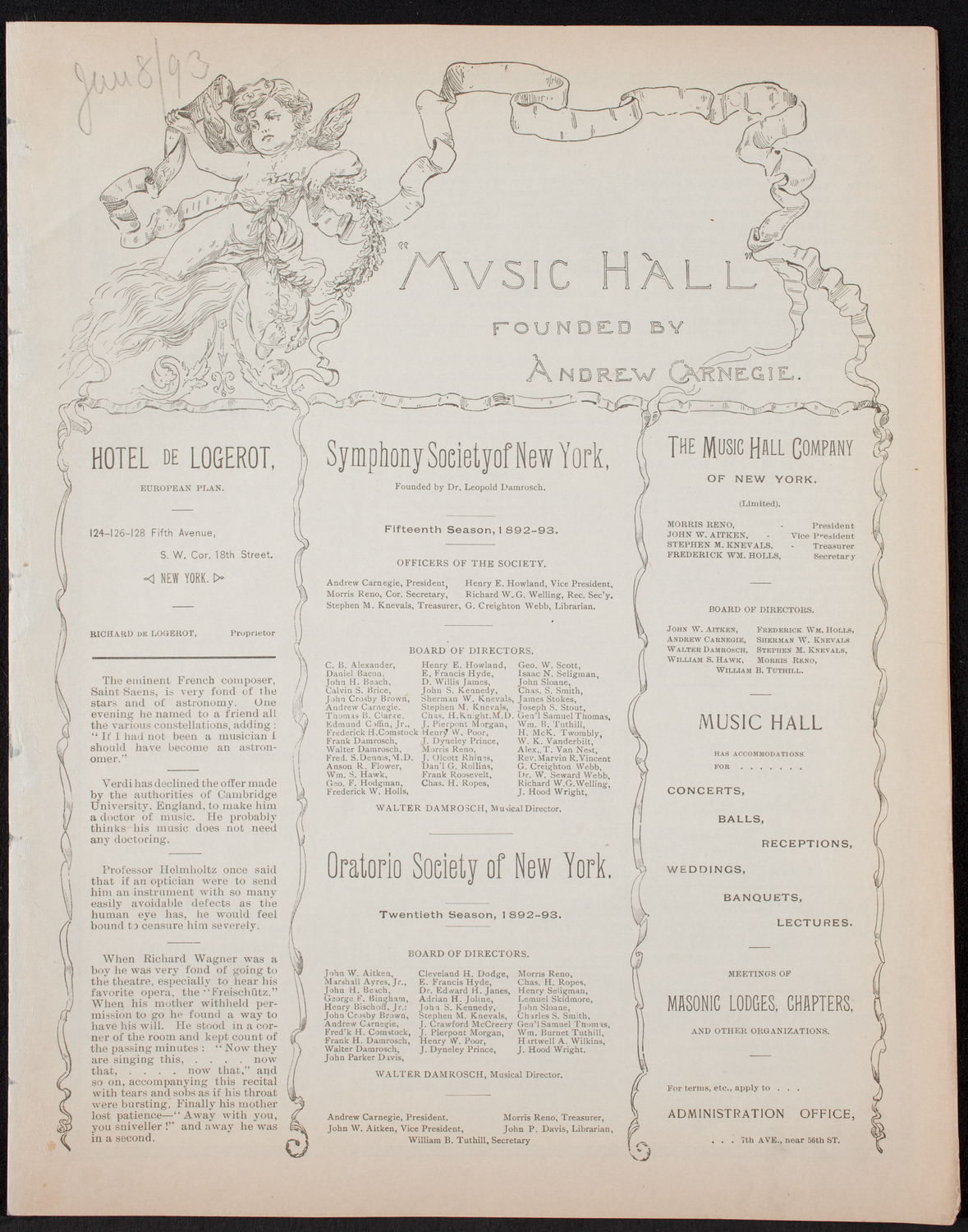Damrosch Sunday Concert, January 8, 1893, program page 1
