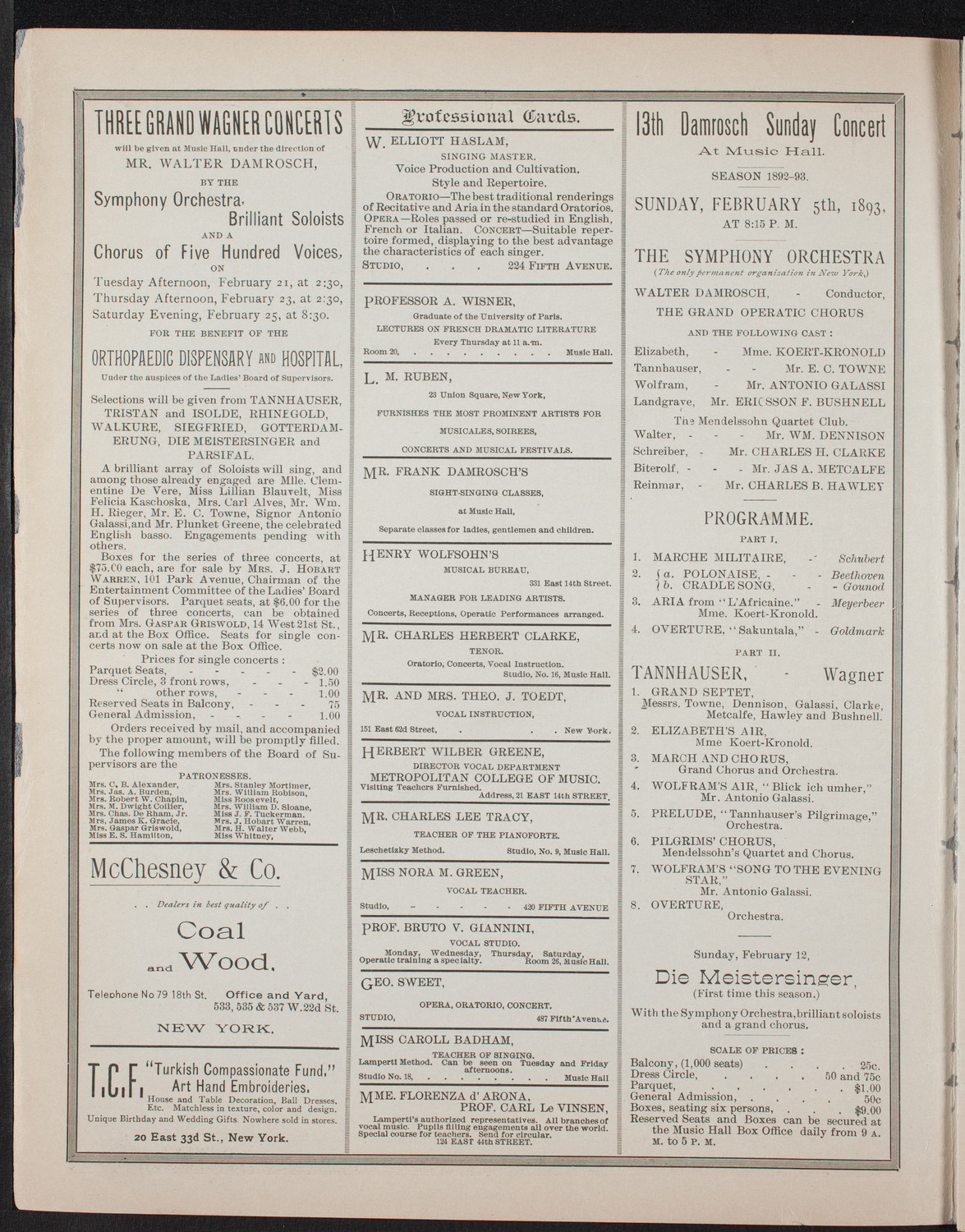 Damrosch Sunday Concert, January 29, 1893, program page 2