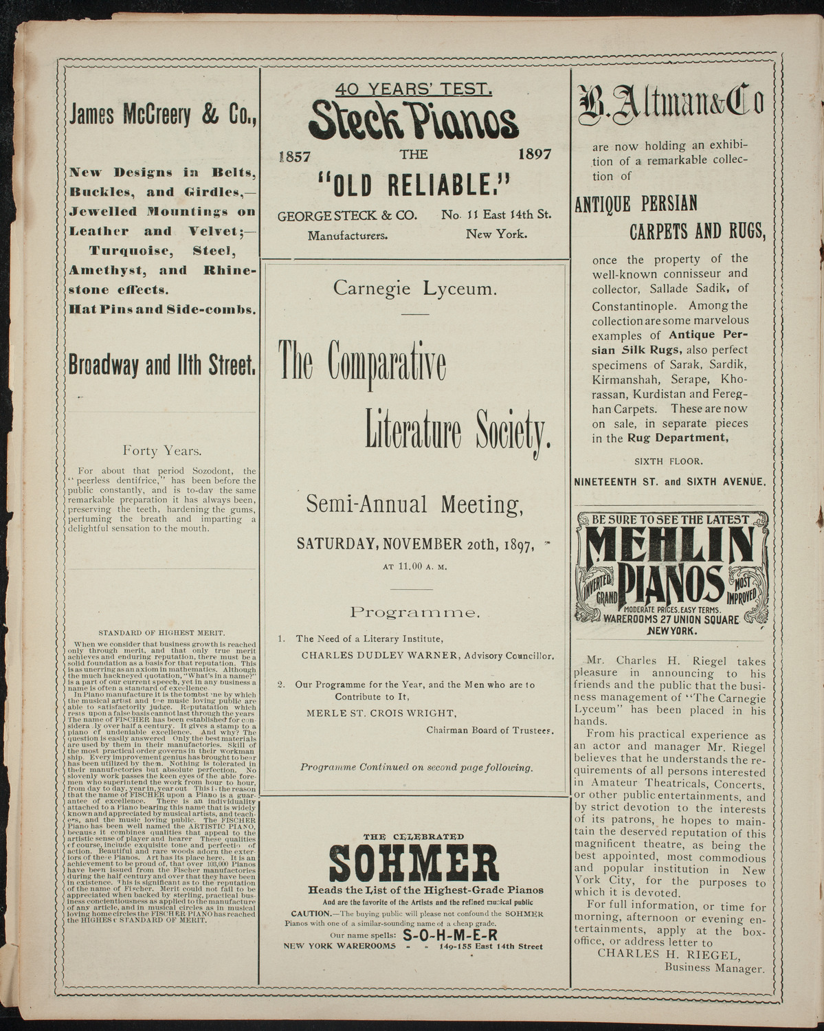 Comparative Literature Society, November 20, 1897, program page 4