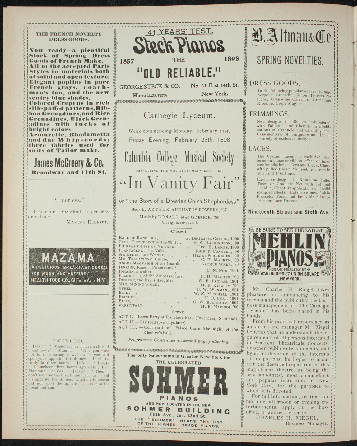 Columbia College Musical Society, February 25, 1898, program page 4