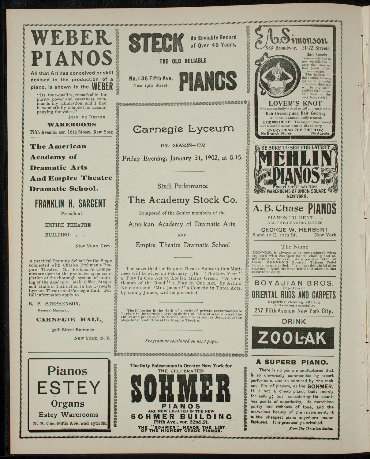 Academy Stock Company of the American Academy of Dramatic Arts and Empire Theatre Dramatic School, January 31, 1902, program page 2