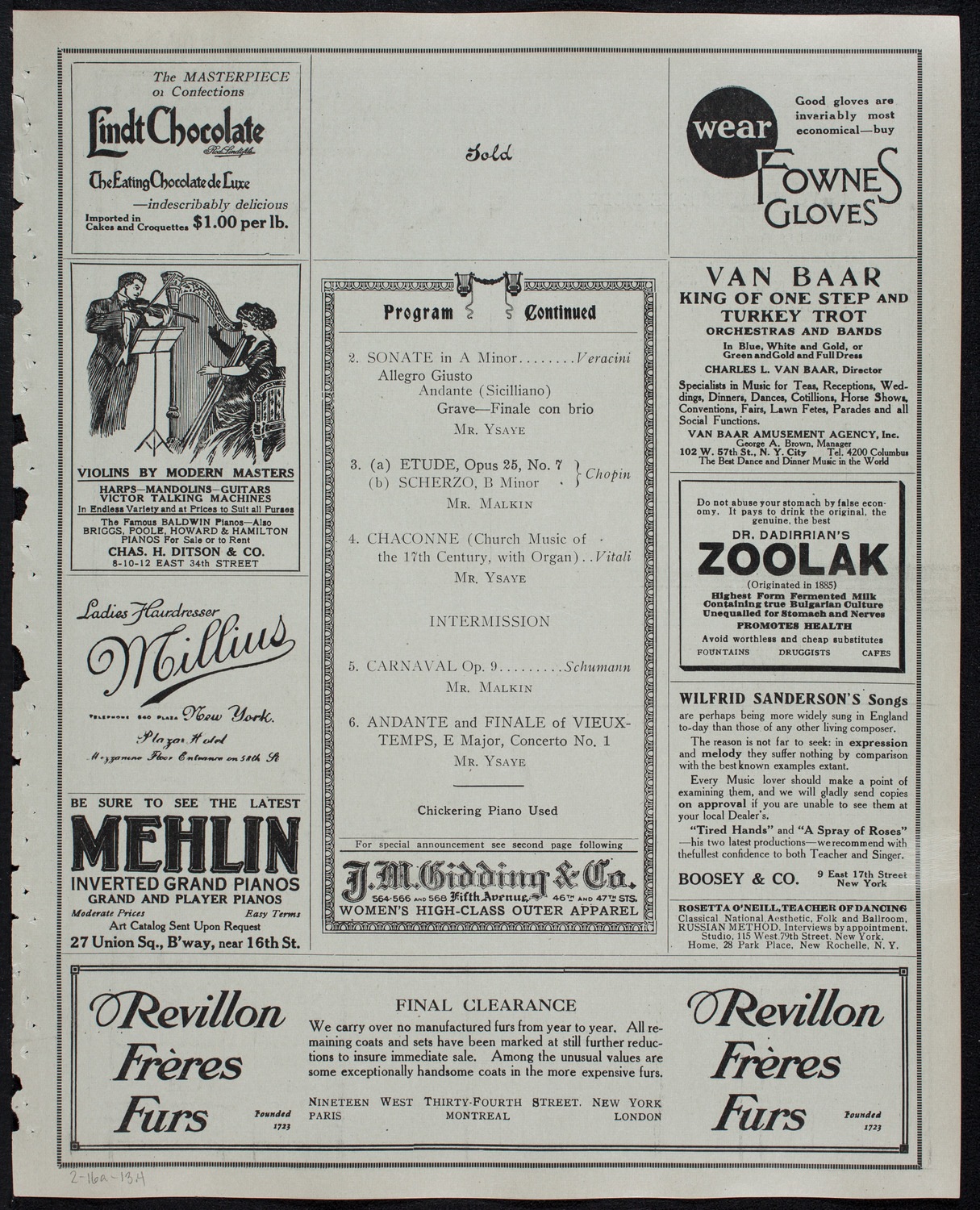 Eugène Ysaÿe, Violin, February 16, 1913, program page 7