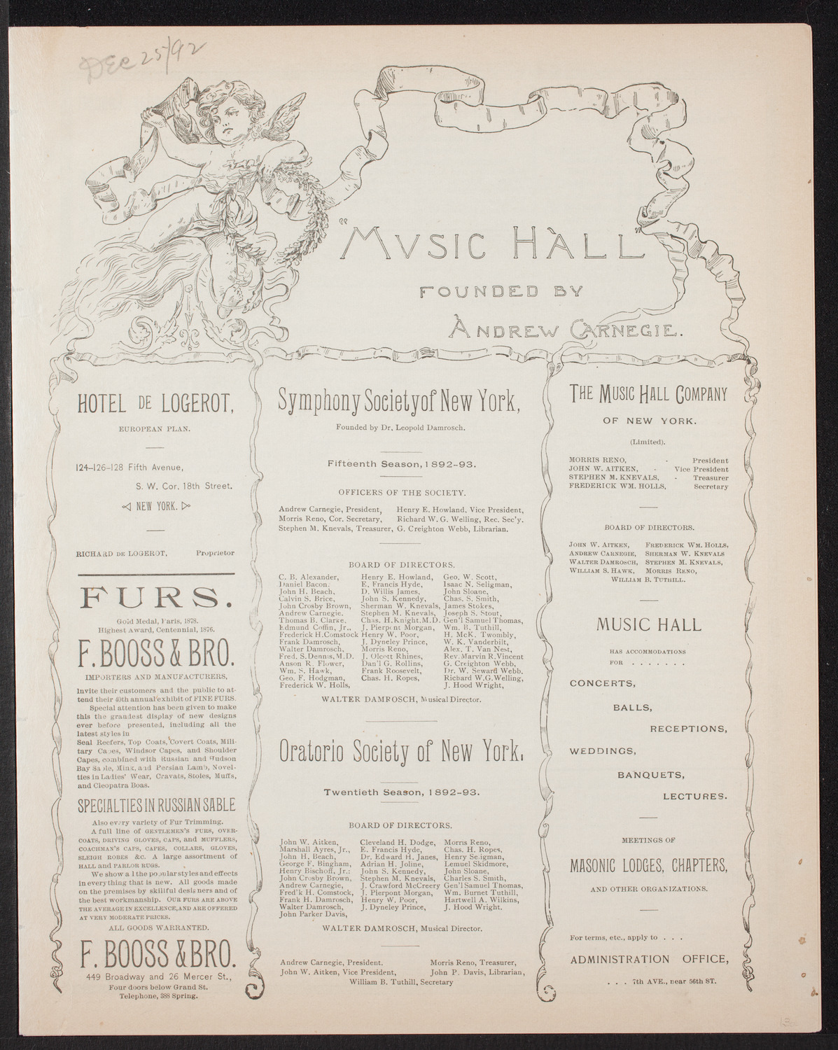 Damrosch Sunday Concert, December 25, 1892, program page 1