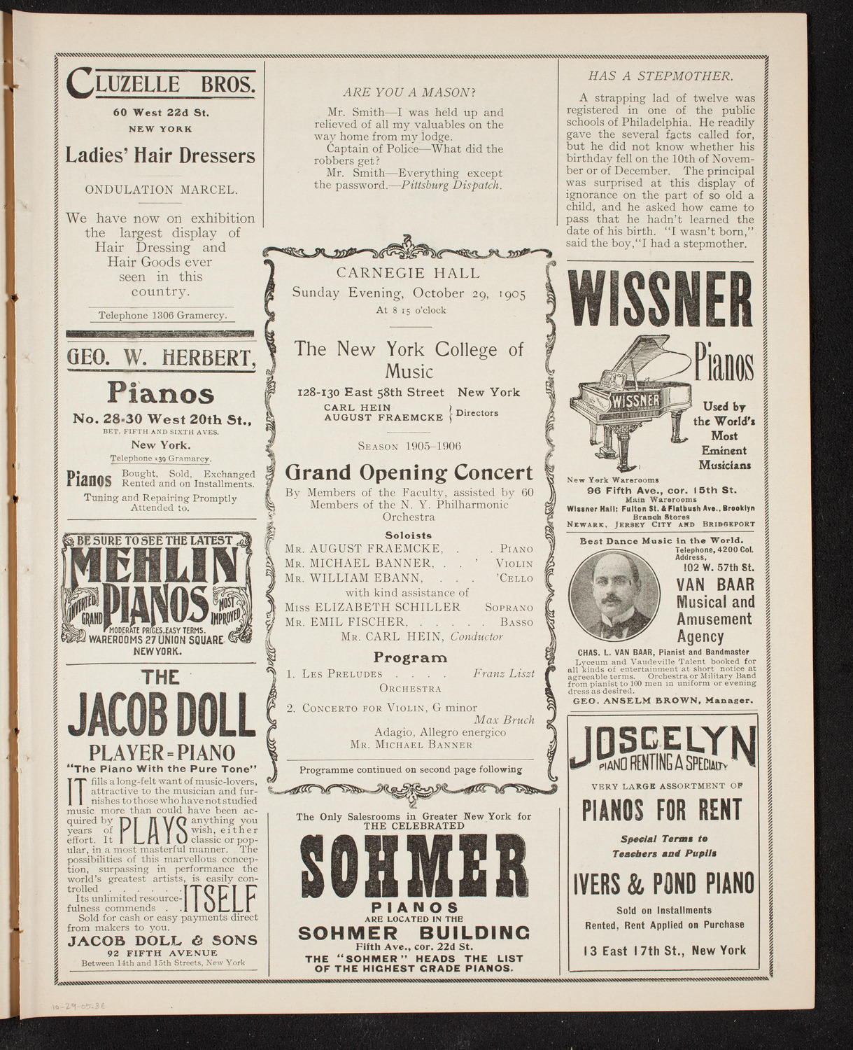 New York College of Music Faculty Concert, October 29, 1905, program page 5