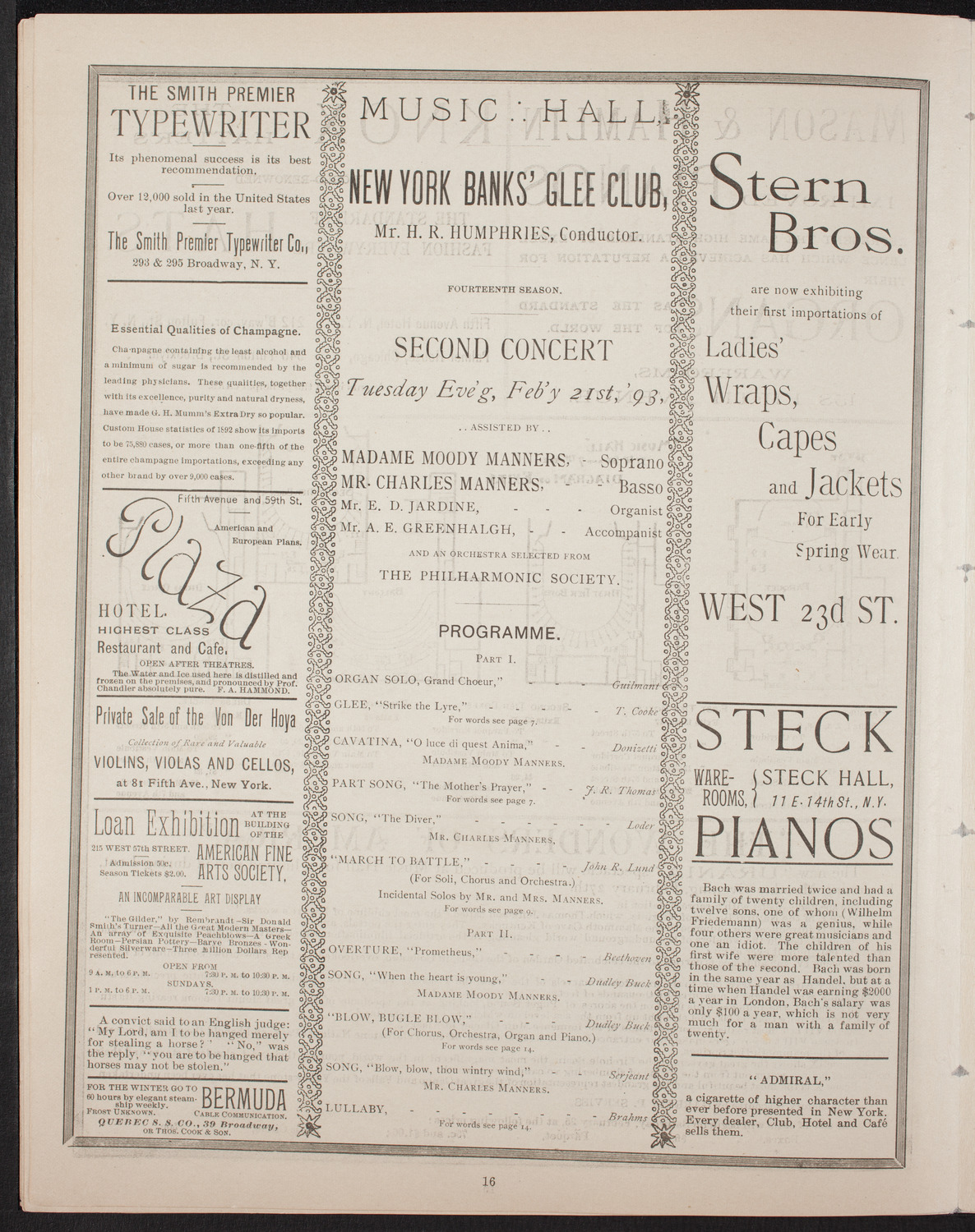 New York Banks' Glee Club, February 21, 1893, program page 16