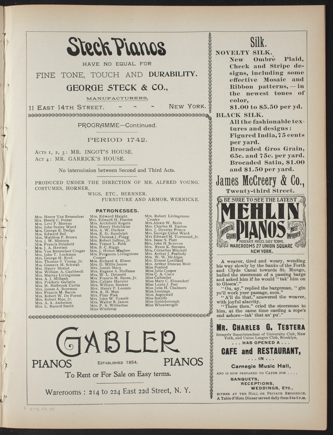 David Garrick: A Comedy in Four Acts, February 13, 1897, program page 5