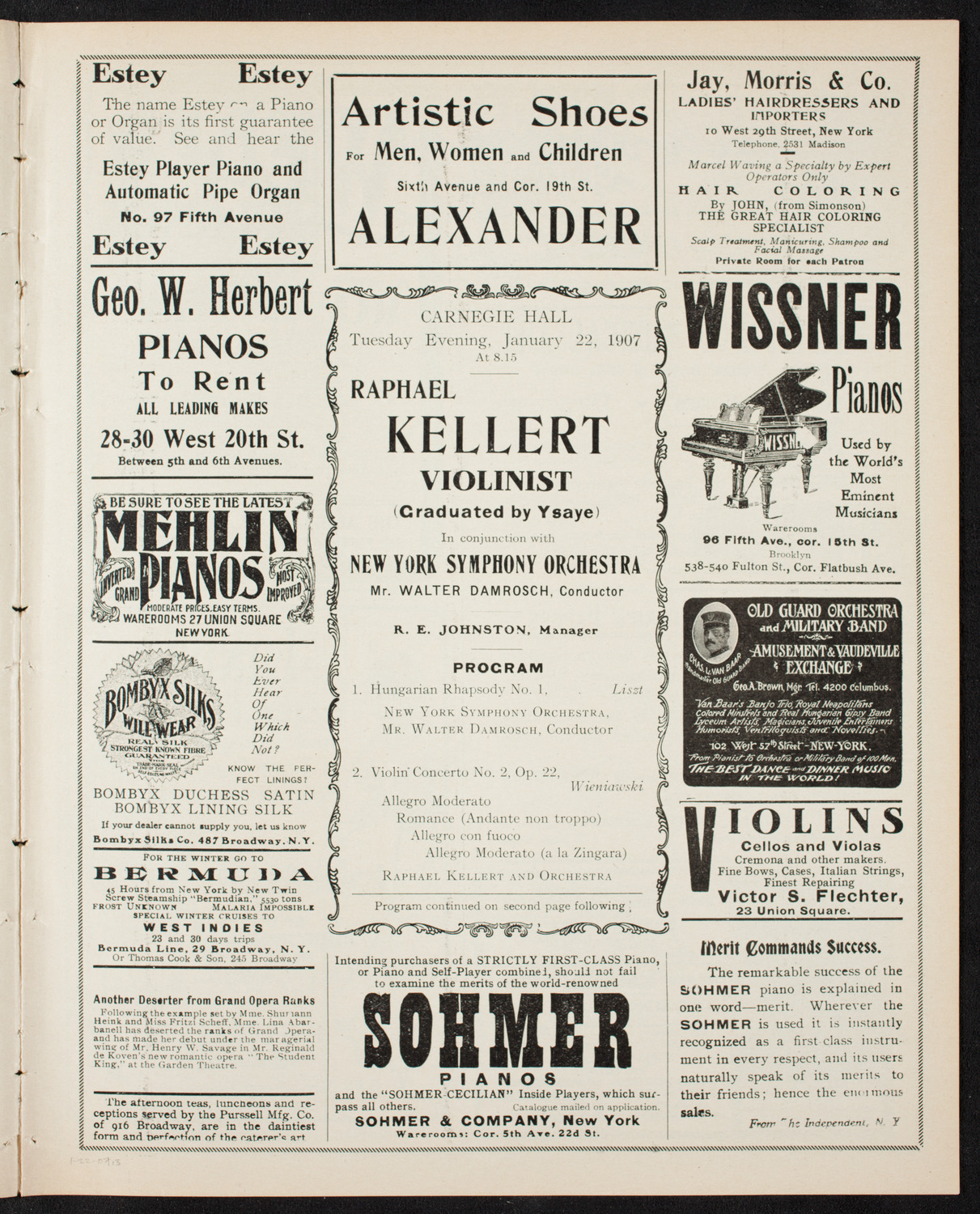 Raphael Kellert with New York Symphony Orchestra, January 22, 1907, program page 5