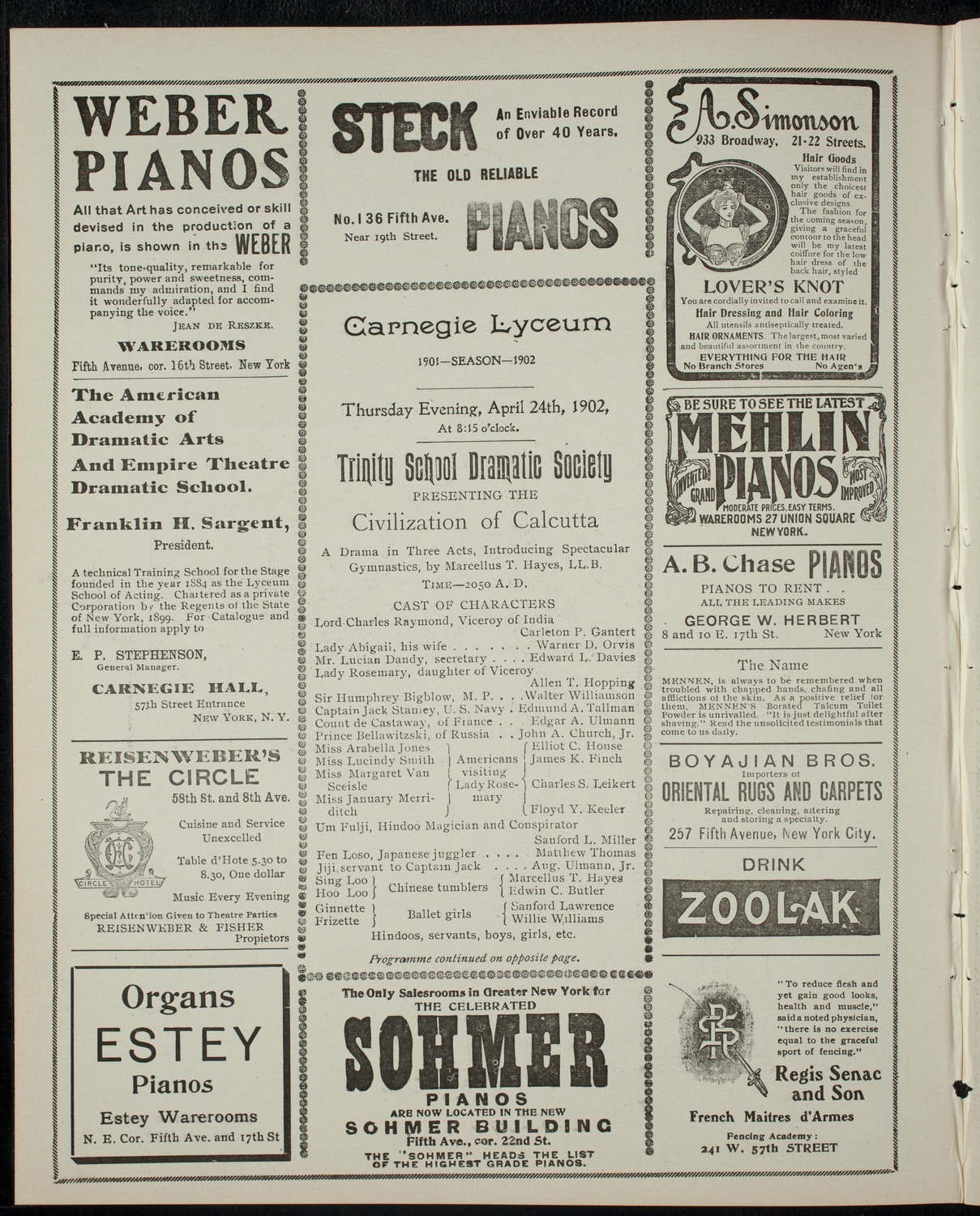 Trinity School Dramatic Society, April 24, 1902, program page 2