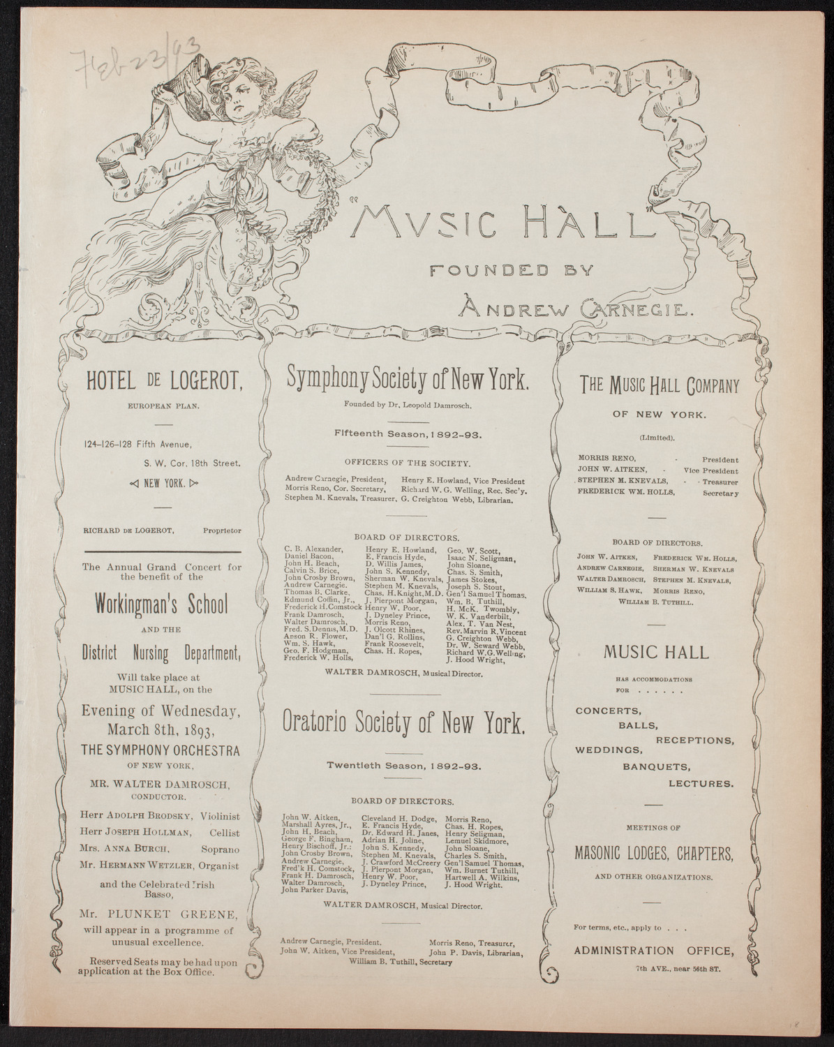 General Society of Mechanics and Tradesmen Program, February 23, 1893, program page 1
