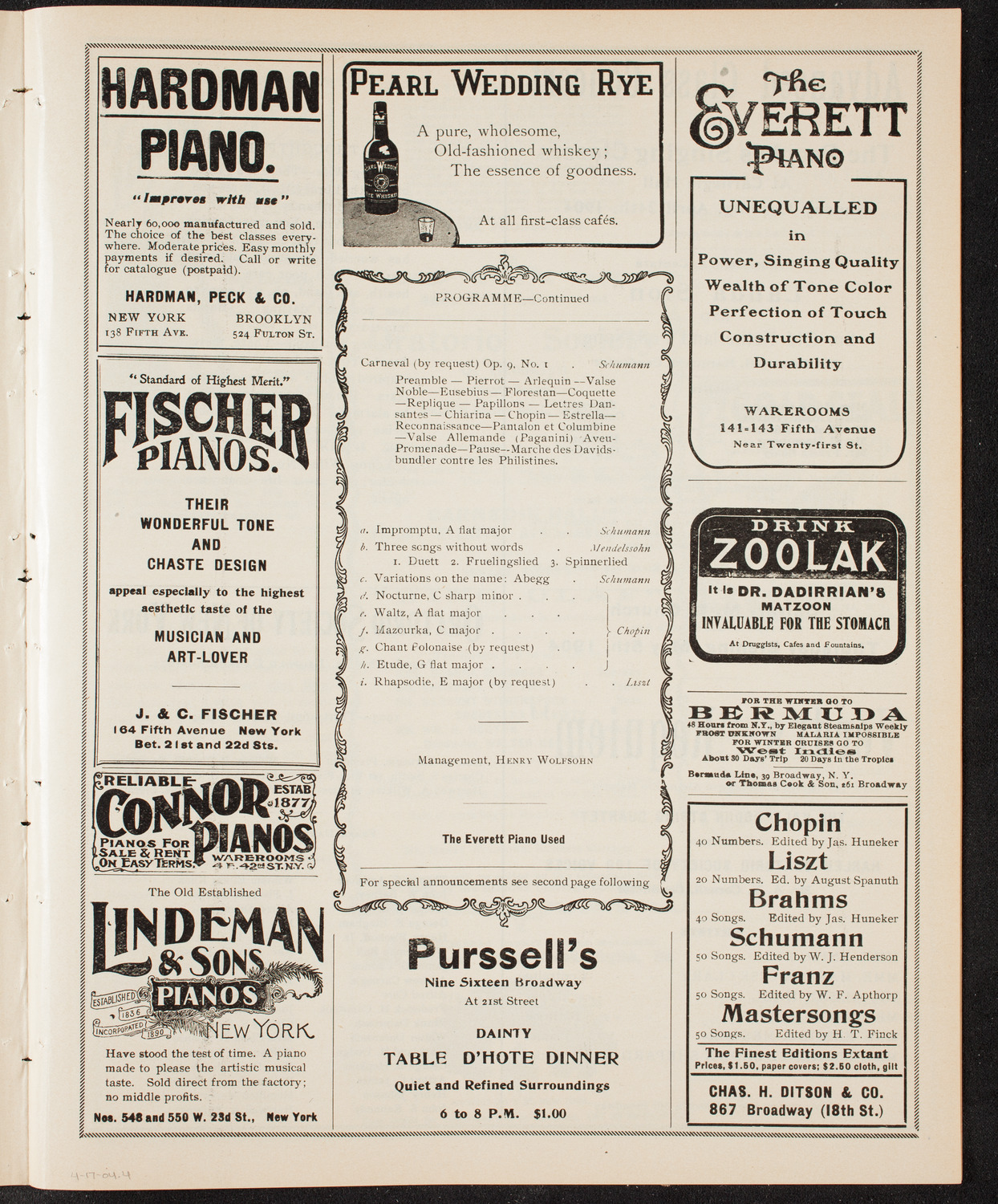 Alfred Reisenauer, Piano, April 17, 1904, program page 7