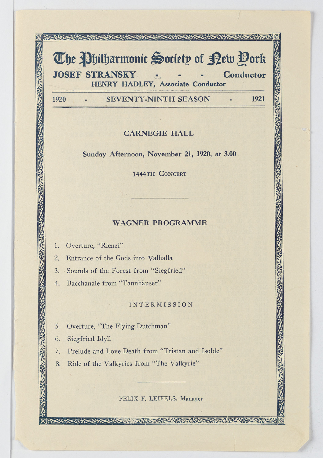 New York Philharmonic, November 21, 1920