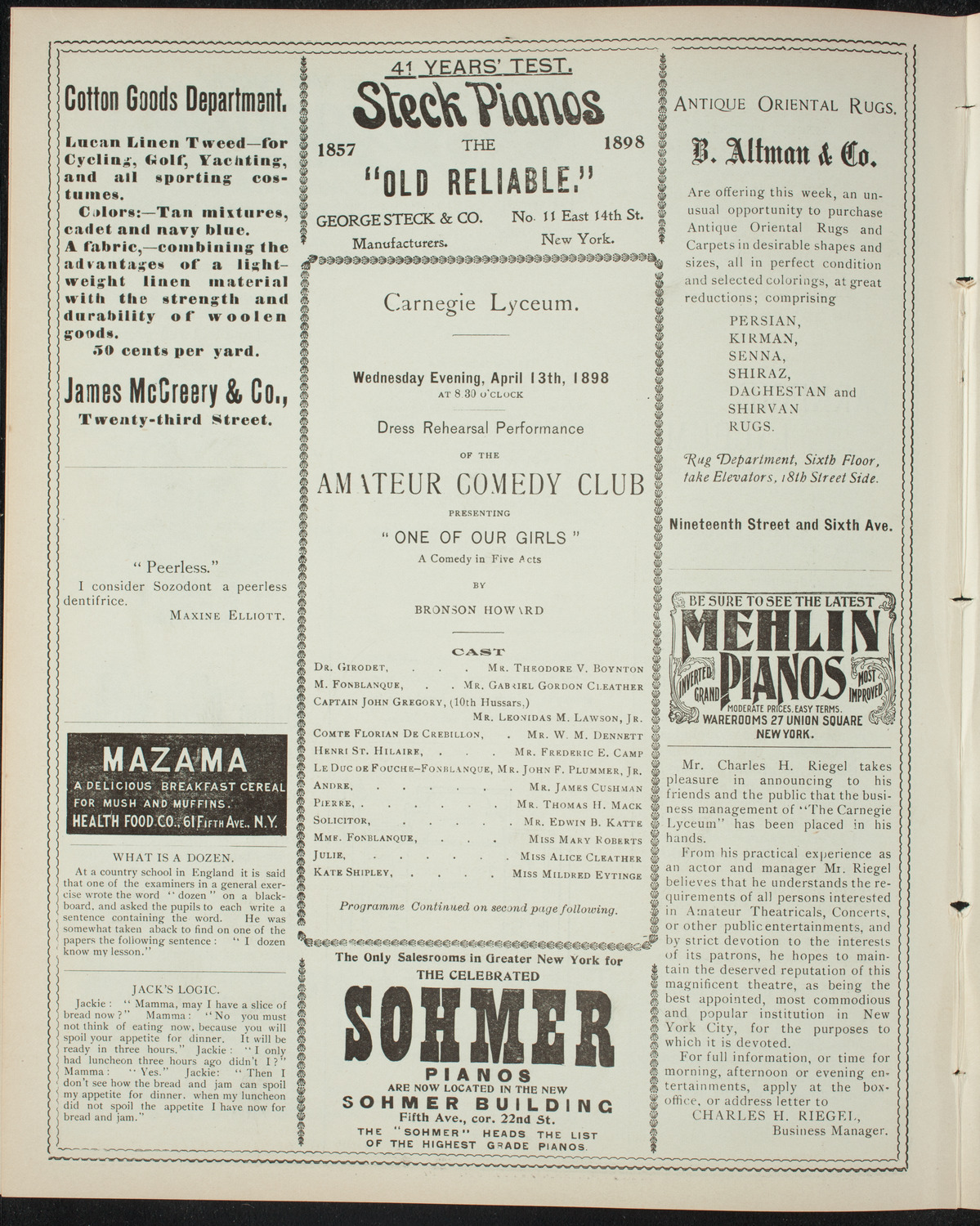 Amateur Comedy Club, April 13, 1898, program page 4