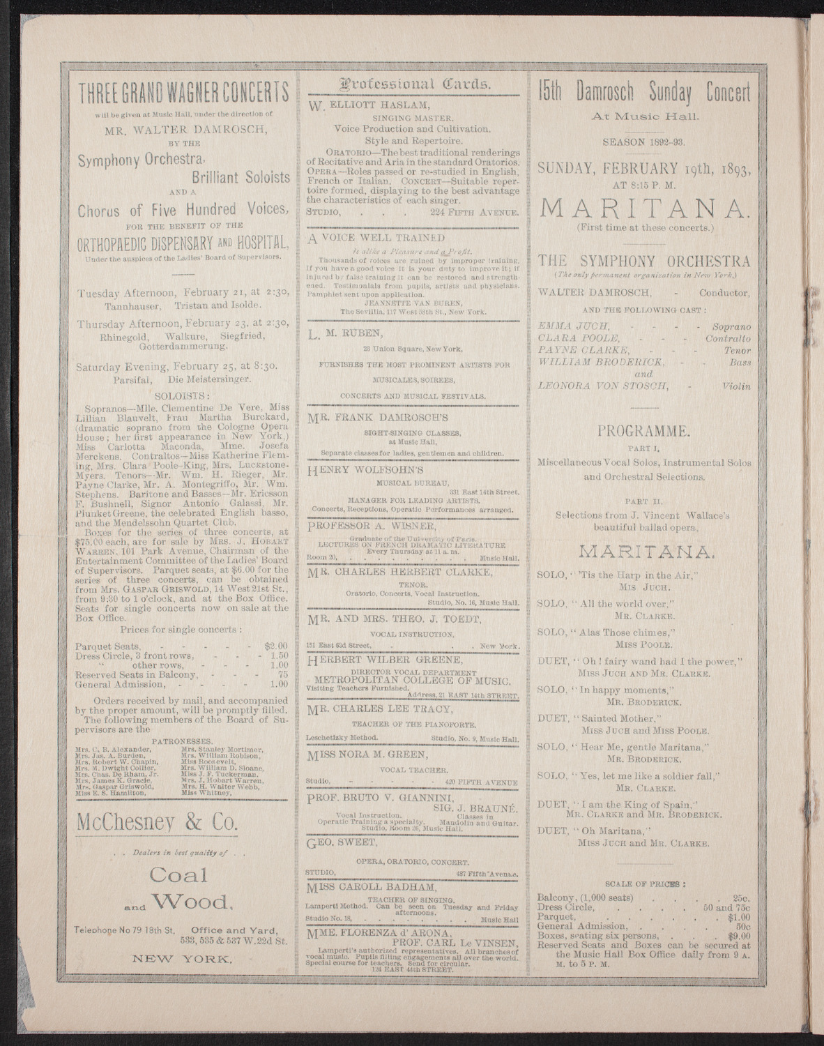 Damrosch Sunday Concert, February 12, 1893, program page 2