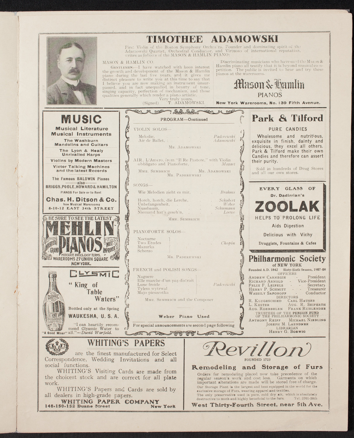 Marcella Sembrich, Soprano, Ignacy Jan Paderewski, Piano, and Timothy Adamowski, Violin, May 2, 1908, program page 7