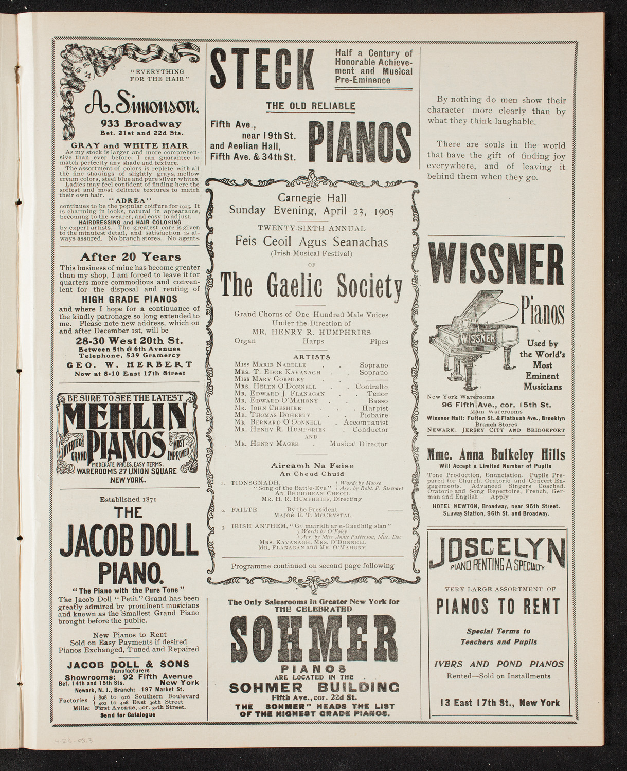 Gaelic Society Annual Concert, April 23, 1905, program page 5