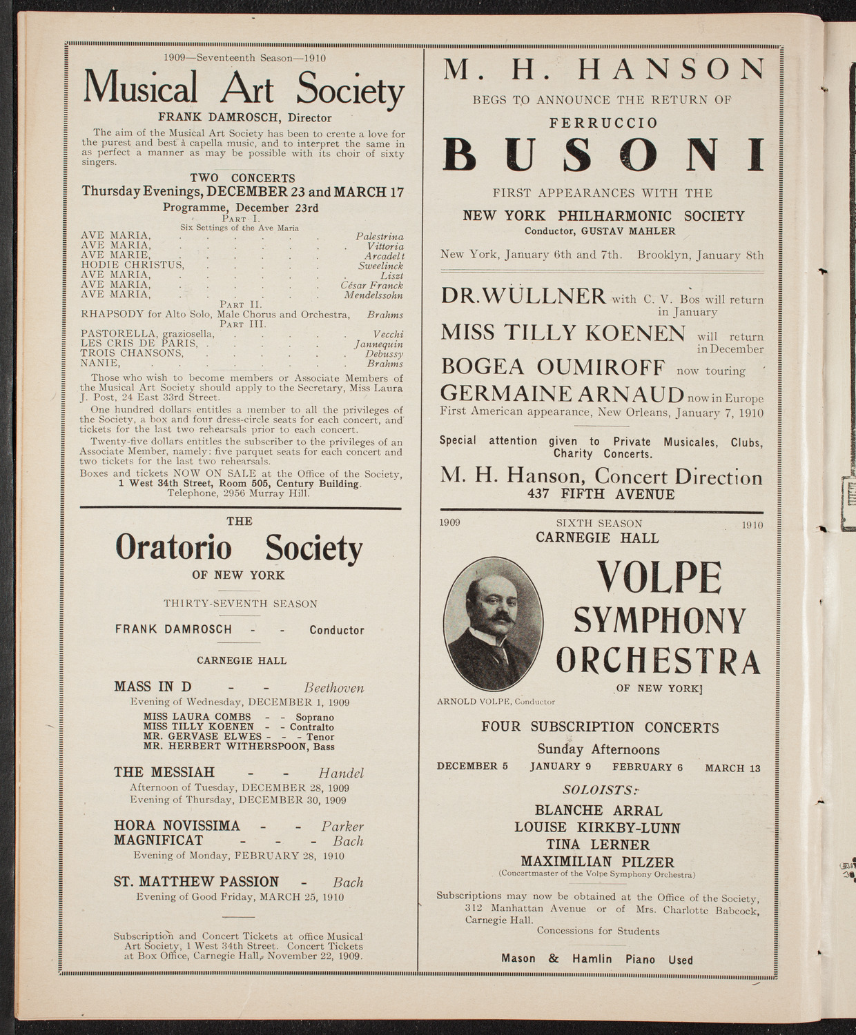 New York Philharmonic, November 10, 1909, program page 10