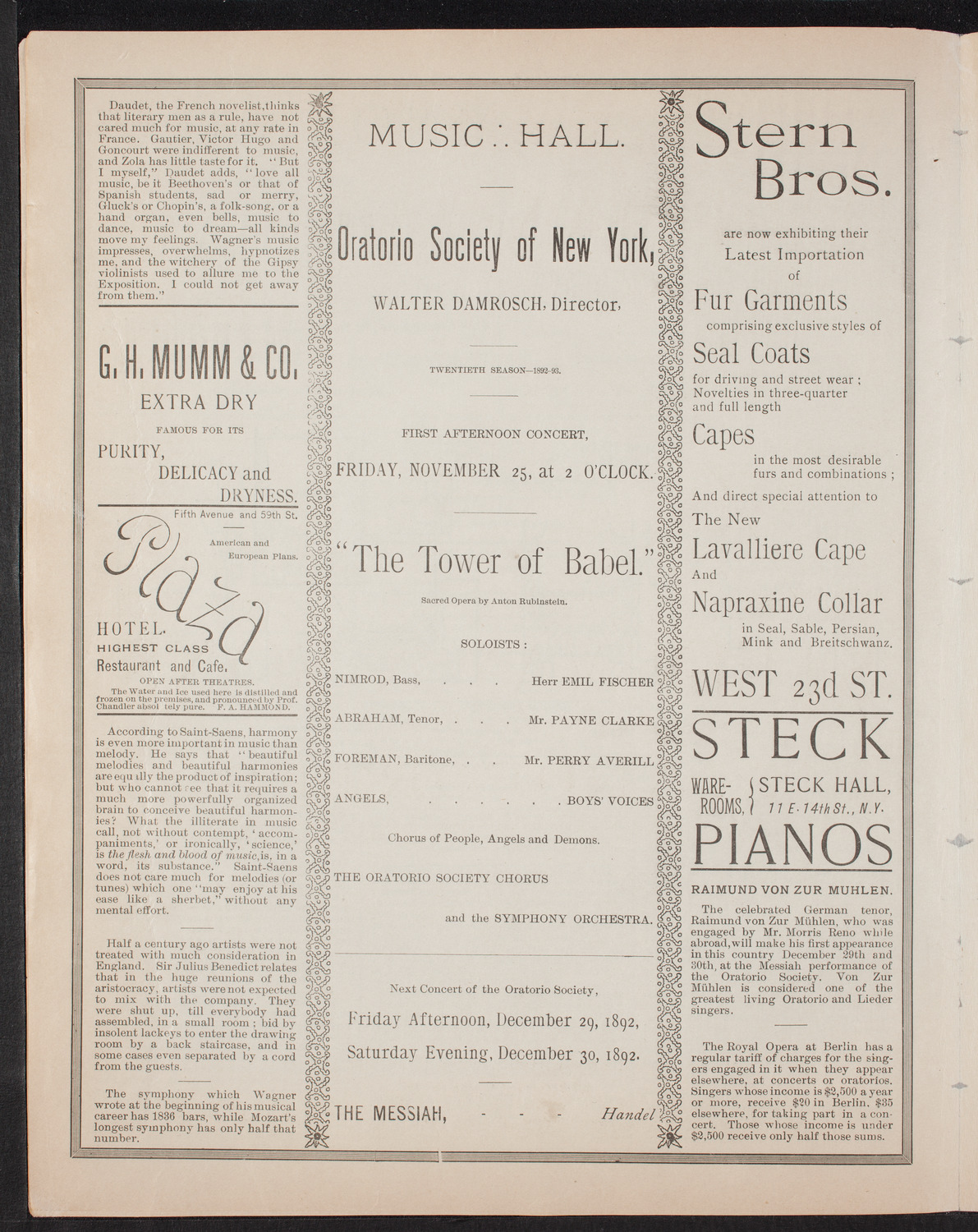 Oratorio Society of New York, November 25, 1892, program page 4