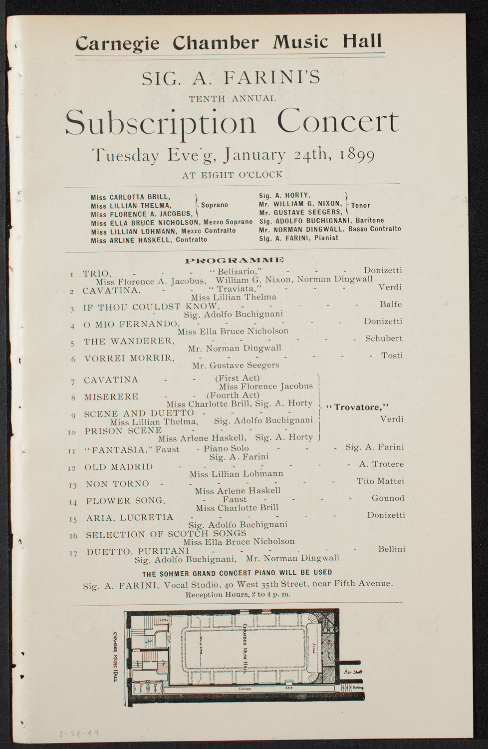 Sig. A. Farini's Tenth Annual Subscription Concert, January 24, 1899, program page 1