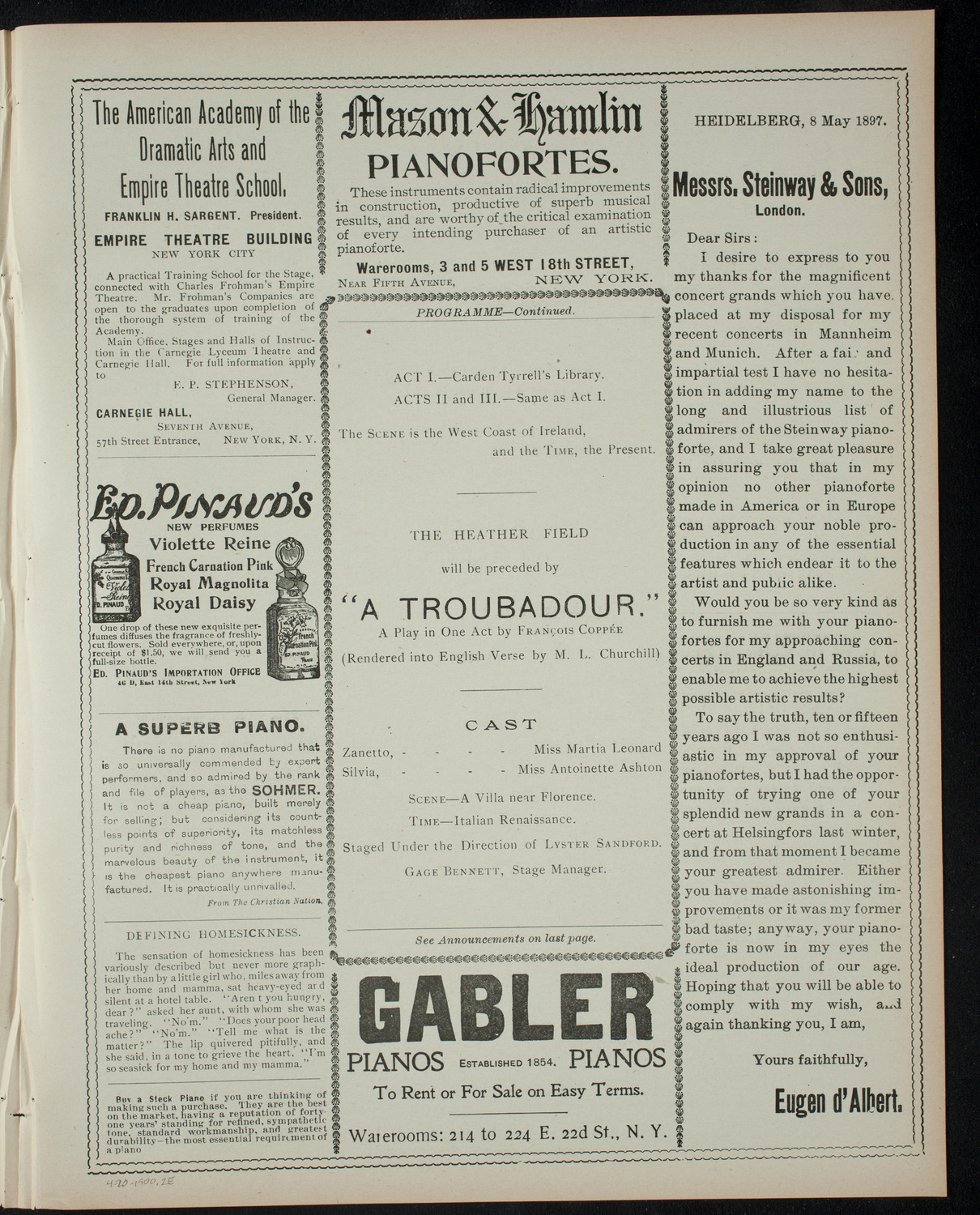 George Peabody Eustis: A Course of Modern Plays, April 20, 1900, program page 3