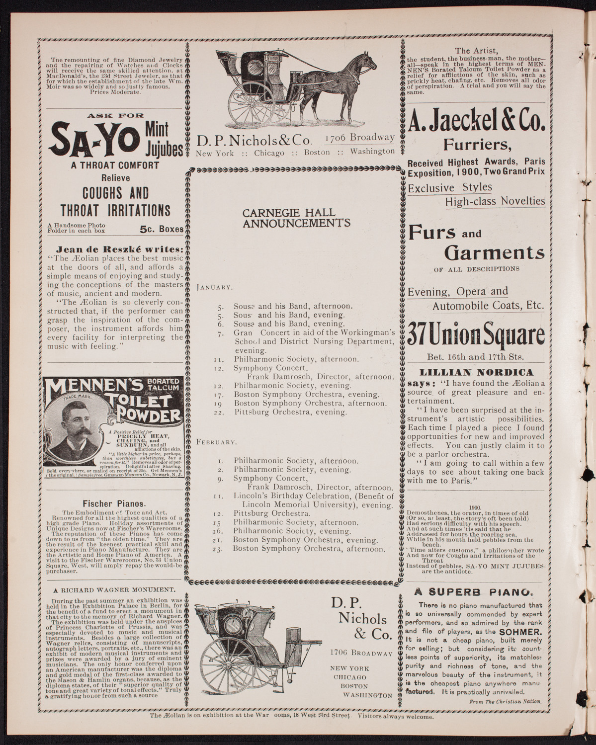 Marcella Sembrich, Soprano, with Orchestra, December 31, 1900, program page 2