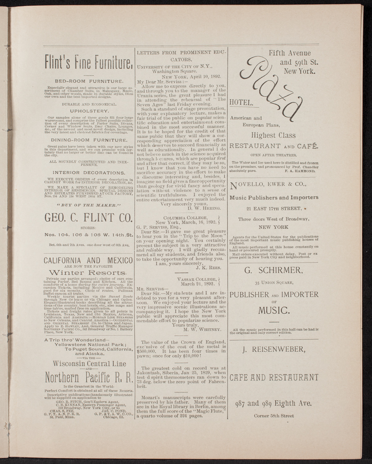 Urania Scientific Theatre, April 25, 1892, program page 9