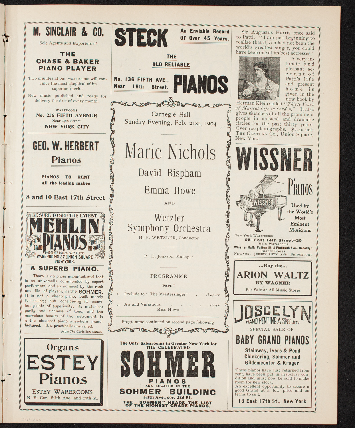 Marie Nichols, David Bispham, and Emma Howe with Wetzler Symphony Orchestra, February 21, 1904, program page 5