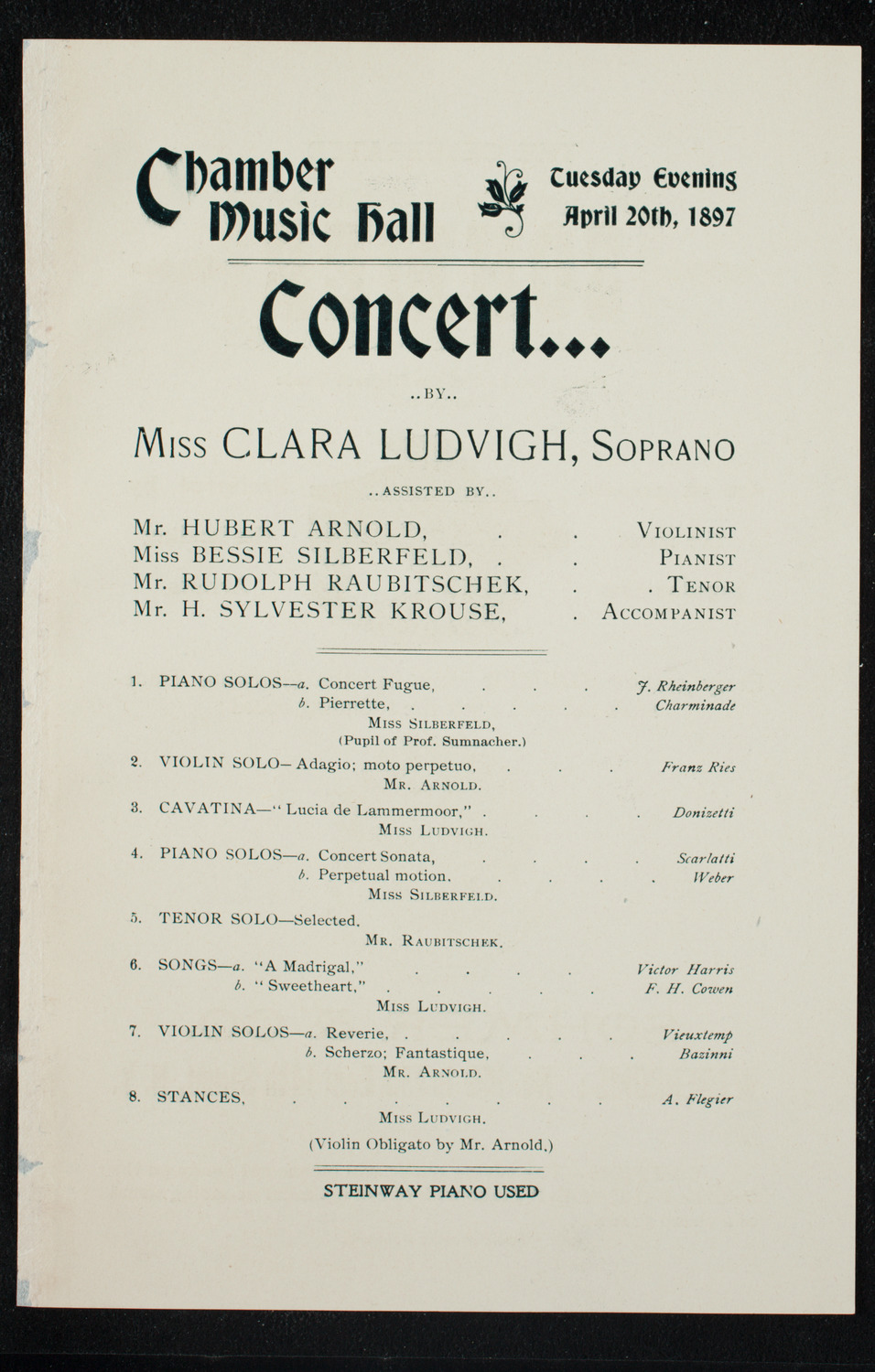 Clara Ludvigh and Guests, April 20, 1897, program page 1