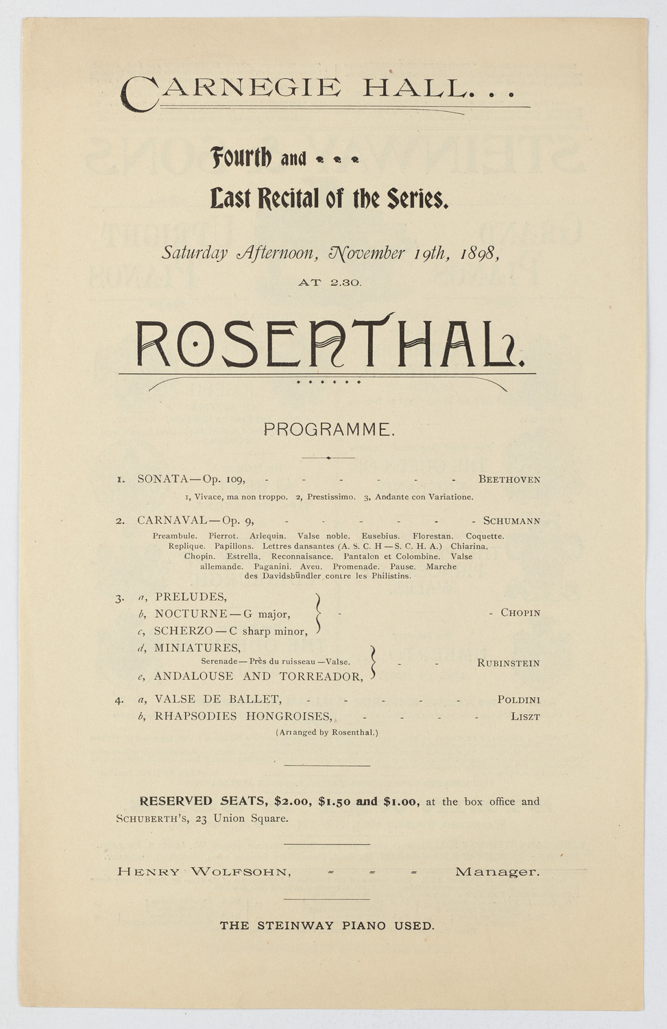Moriz Rosenthal, November 19, 1898